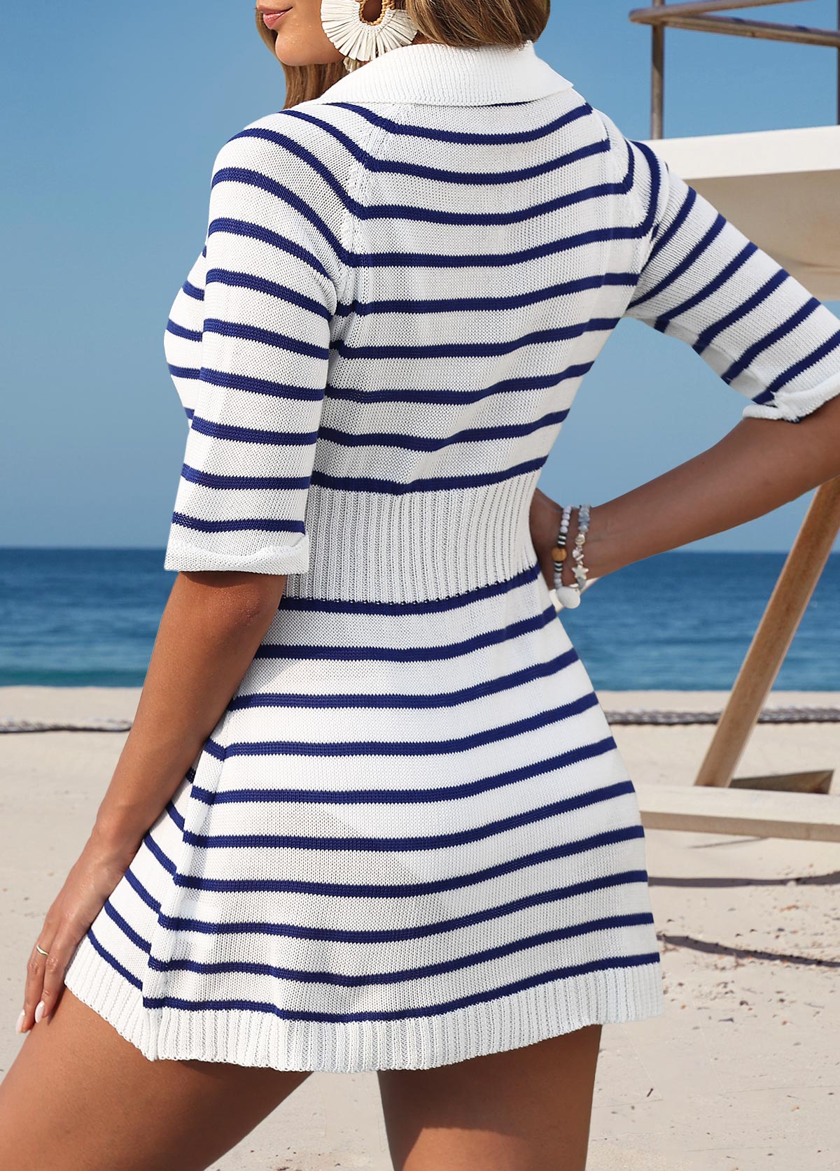 Striped Half Sleeve Blue Cover Up