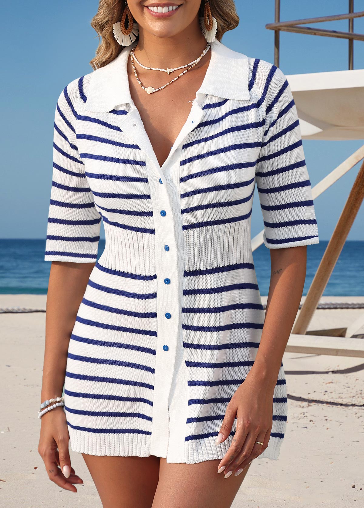 Striped Half Sleeve Blue Cover Up