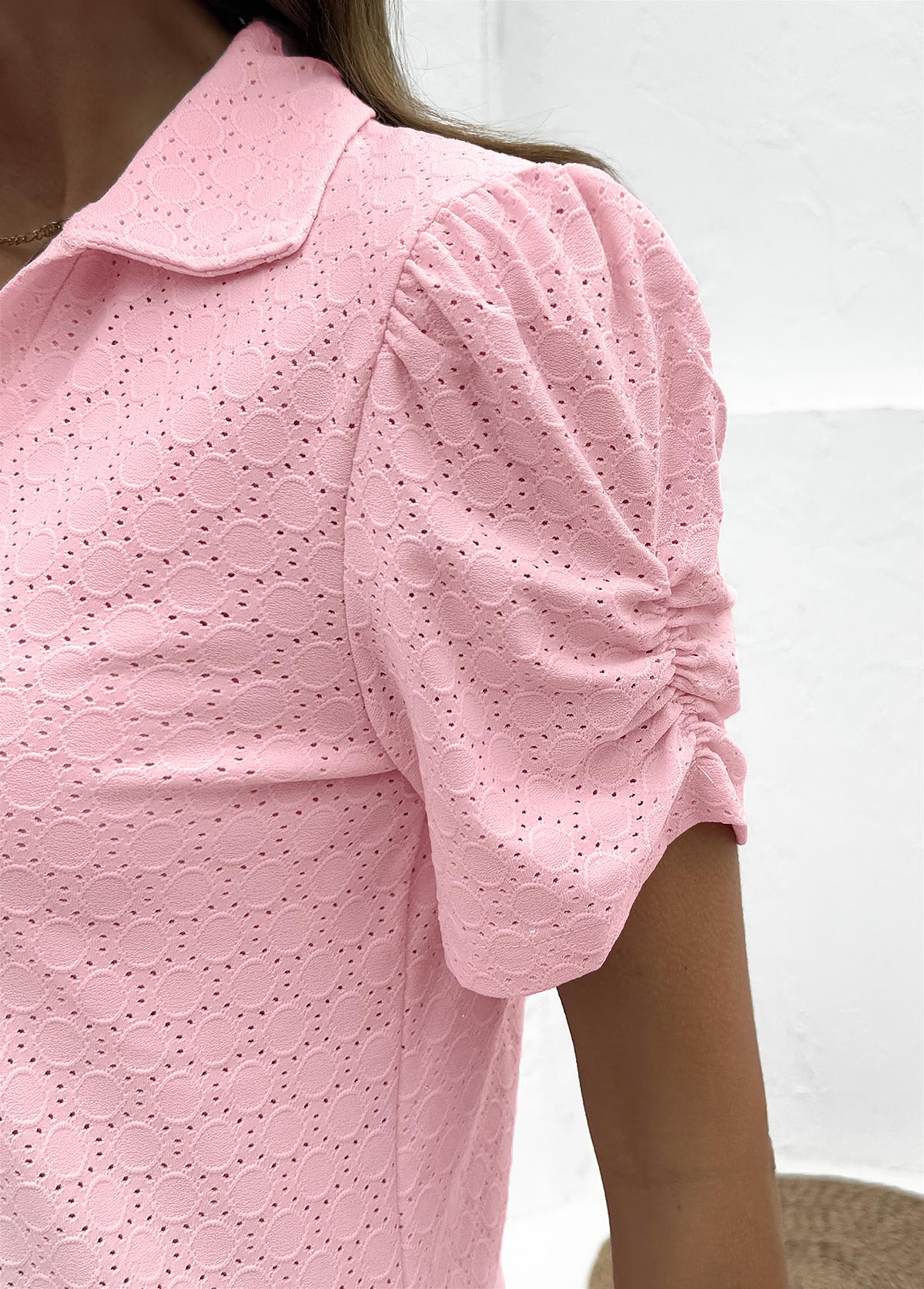 Tummy Coverage Pink Short Sleeve Turn Down Collar Blouse