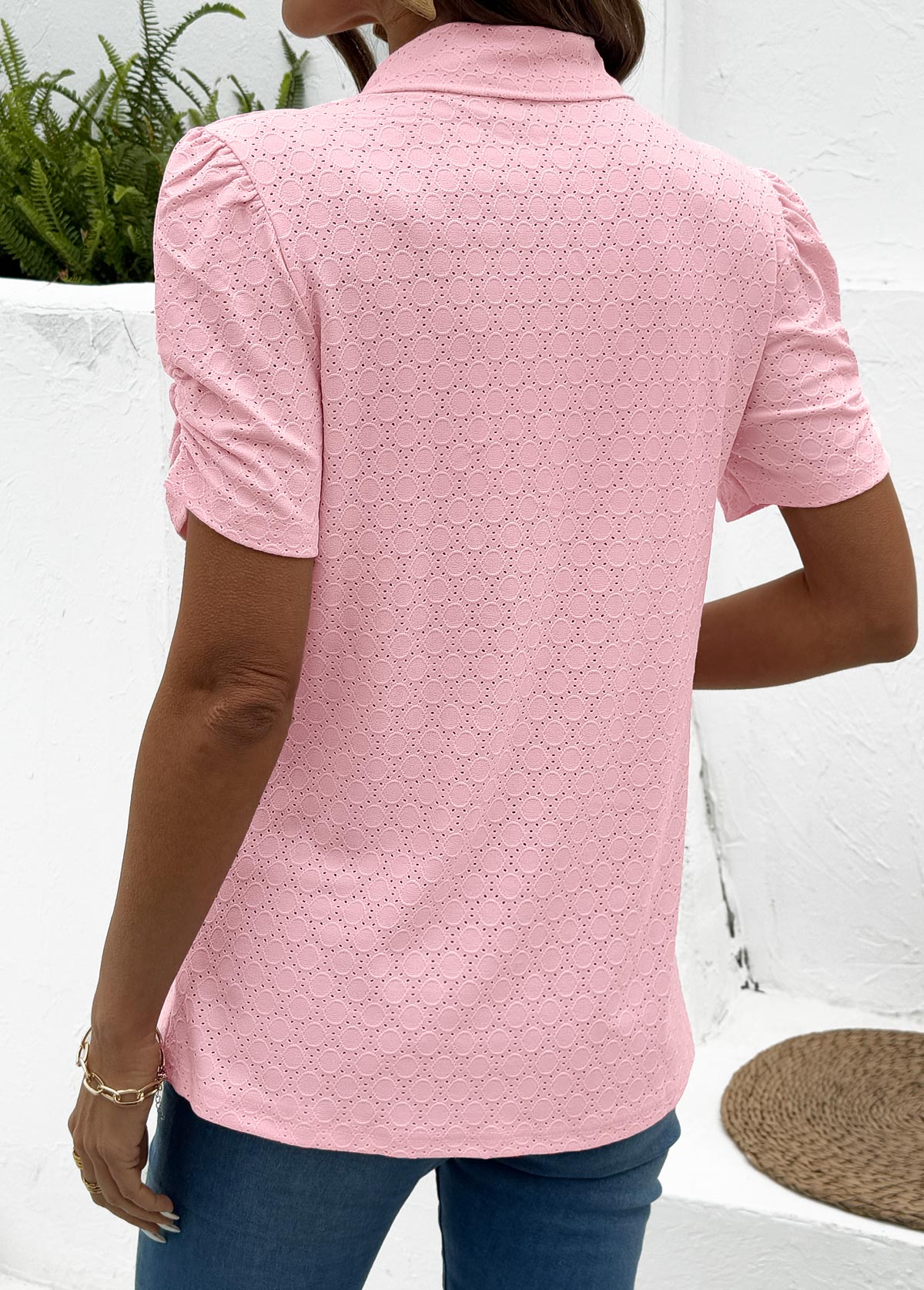 Tummy Coverage Pink Short Sleeve Turn Down Collar Blouse