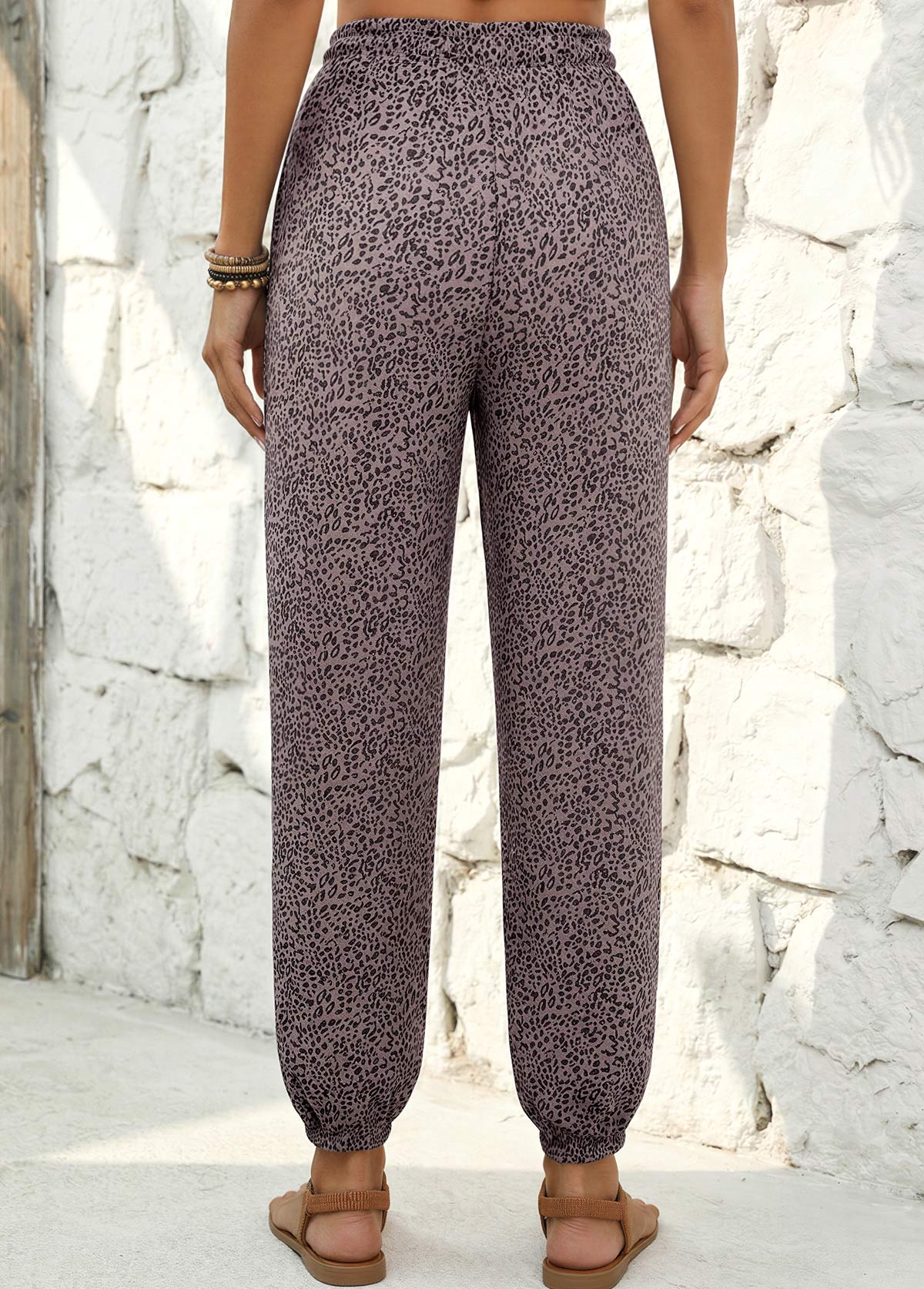 Leopard Gray Brown Jogger Elastic Waist High Waisted Pants