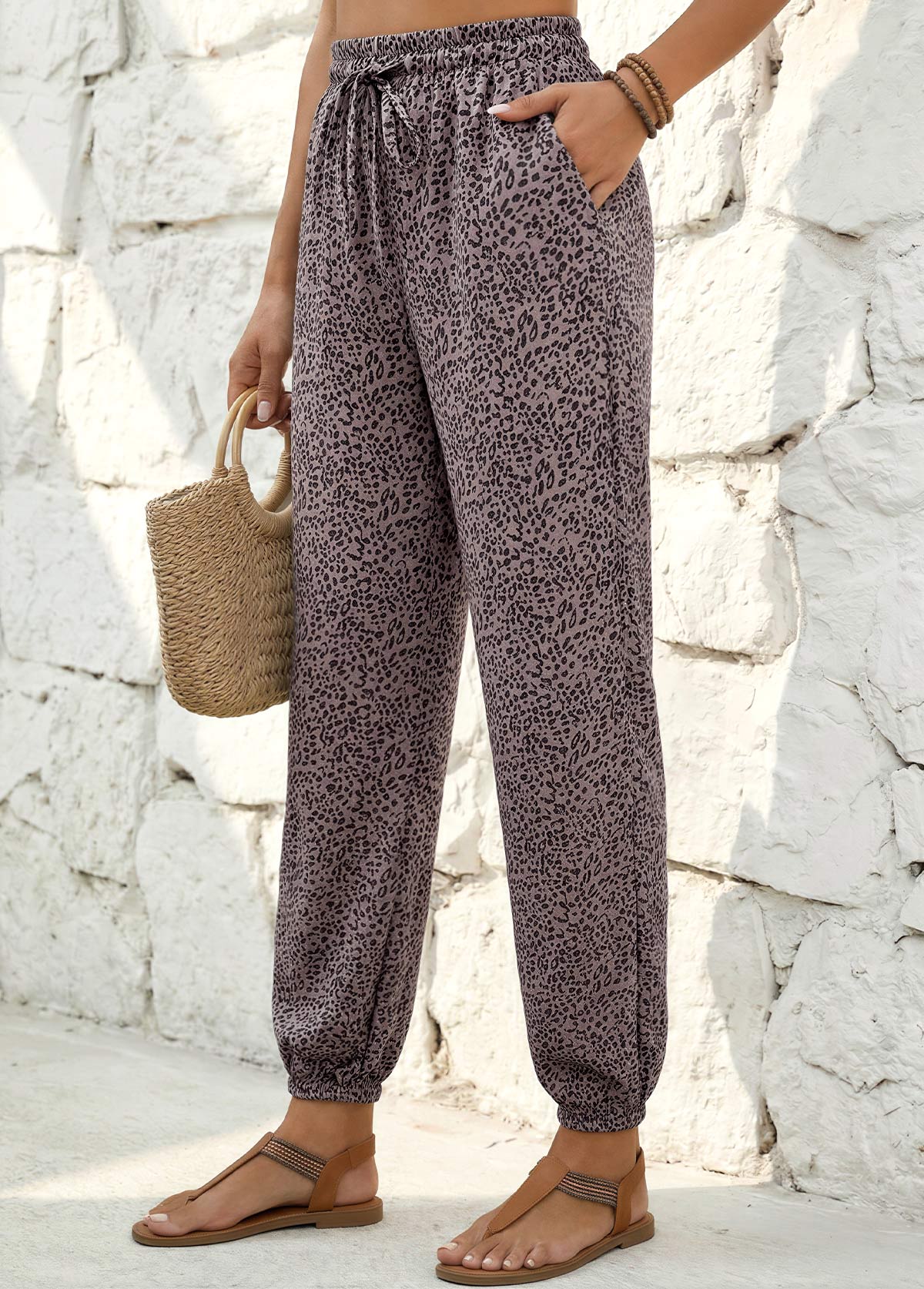 Leopard Gray Brown Jogger Elastic Waist High Waisted Pants