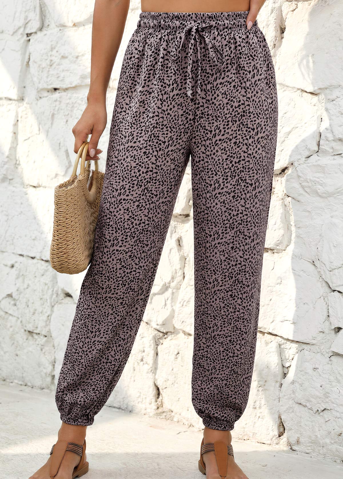 Leopard Gray Brown Jogger Elastic Waist High Waisted Pants