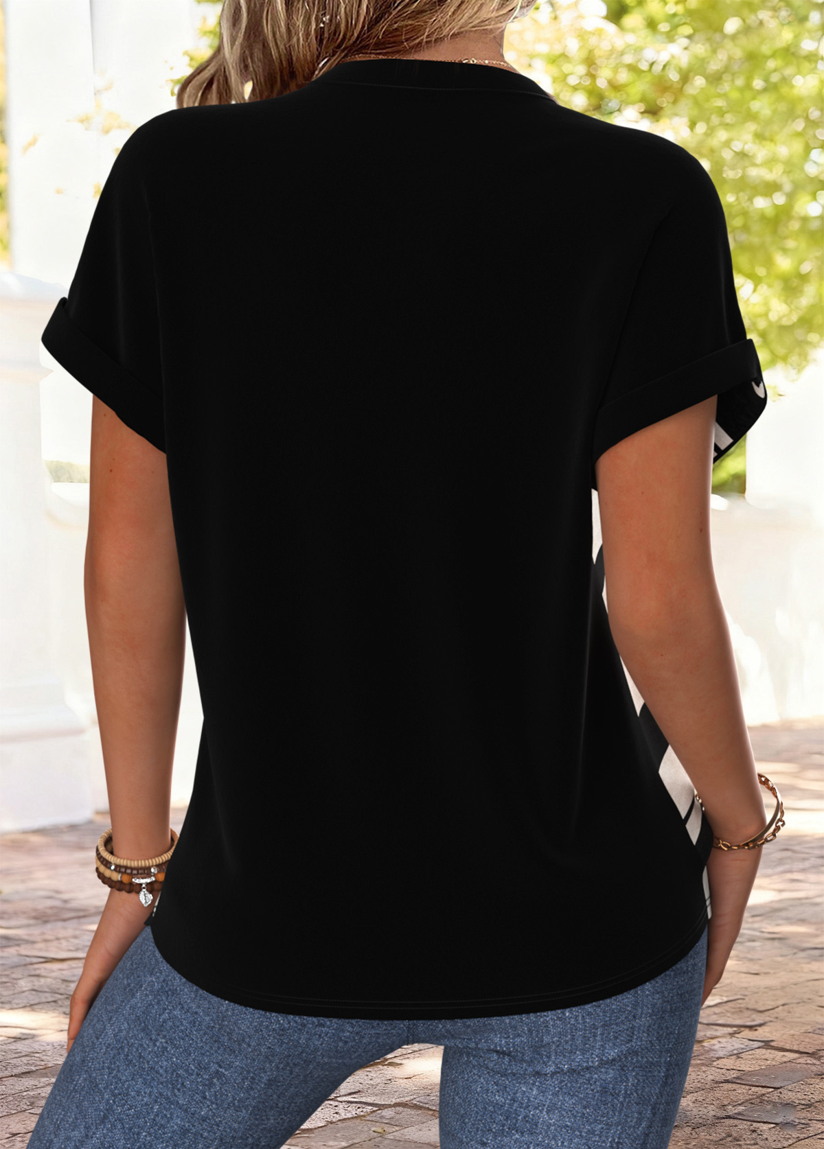 Striped Tummy Coverage Black Short Sleeve Split Neck Blouse