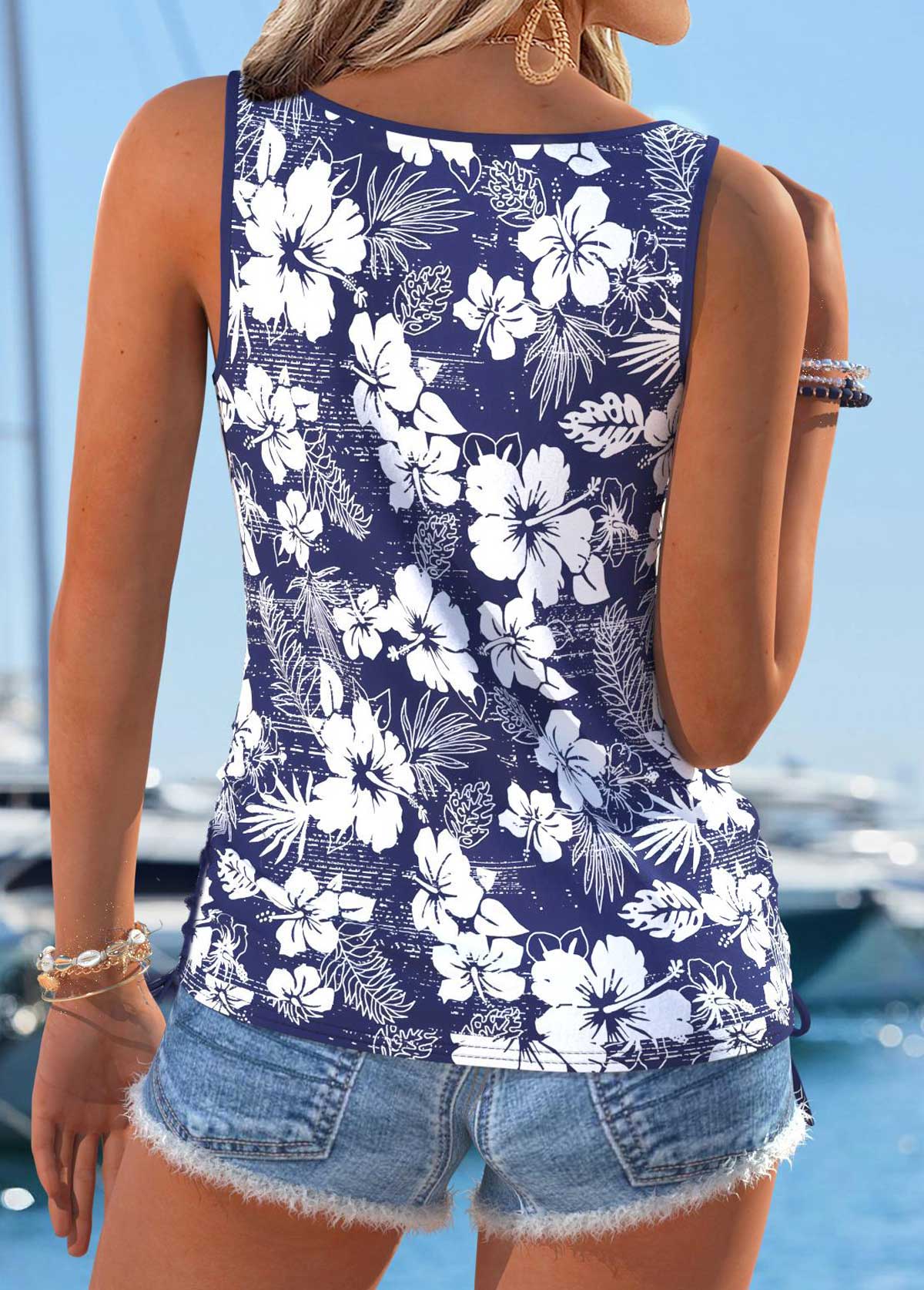 Floral Print Tummy Coverage Navy Sleeveless Tank Top