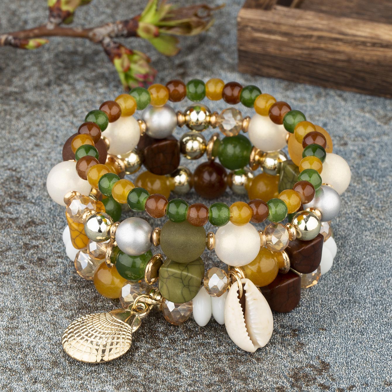 Multi Color Shell Glass Bracelet Set