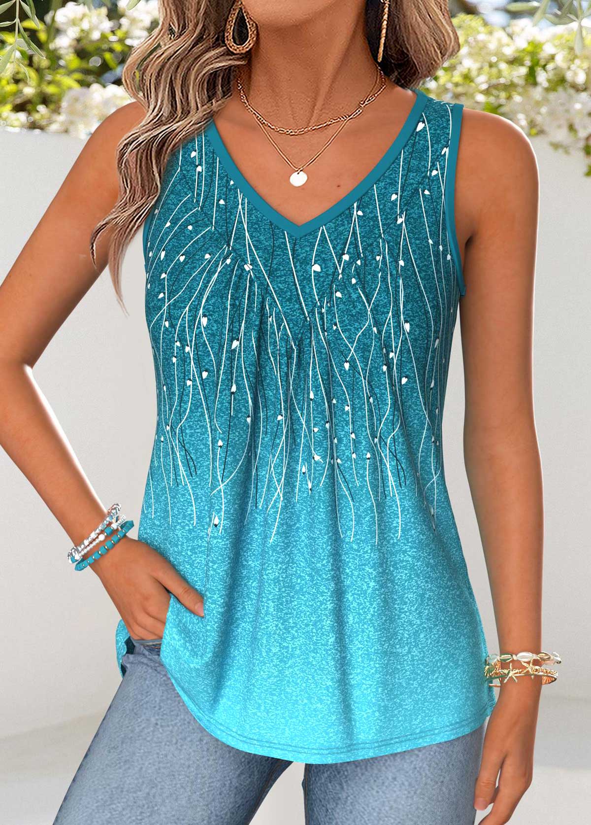 Ombre Patchwork Turquoise Sleeveless V Neck Tank Top