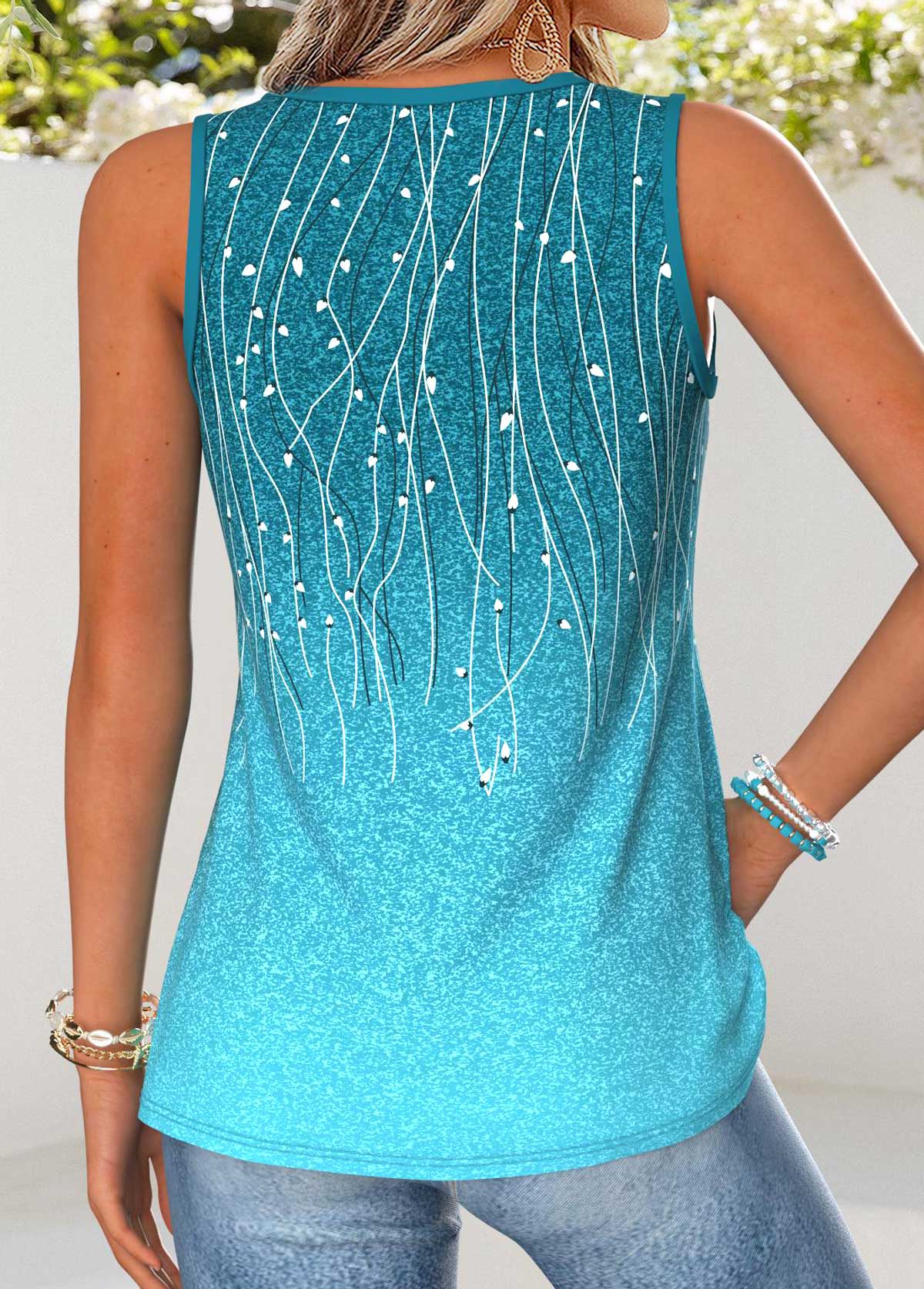 Ombre Patchwork Turquoise Sleeveless V Neck Tank Top