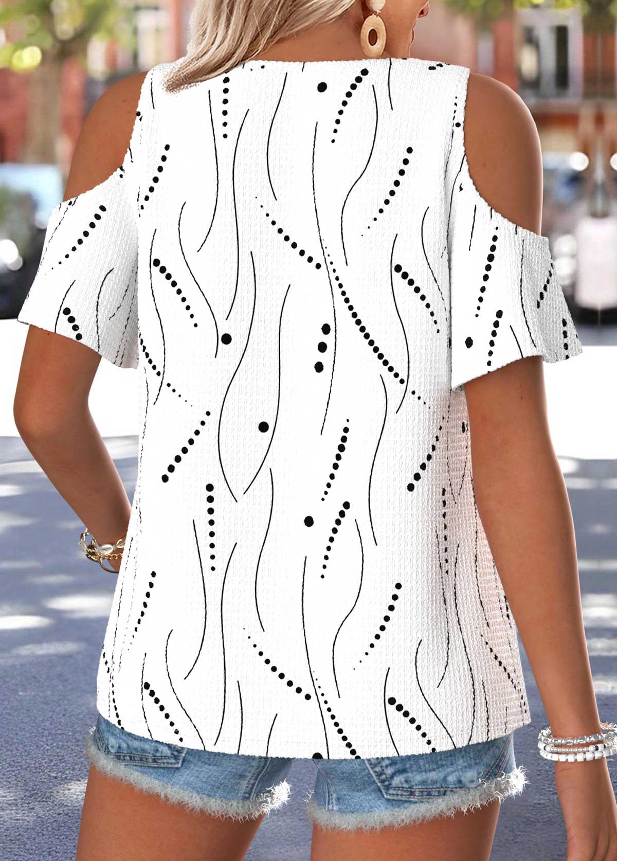 Geometric Print Twist Raw White Short Sleeve T Shirt