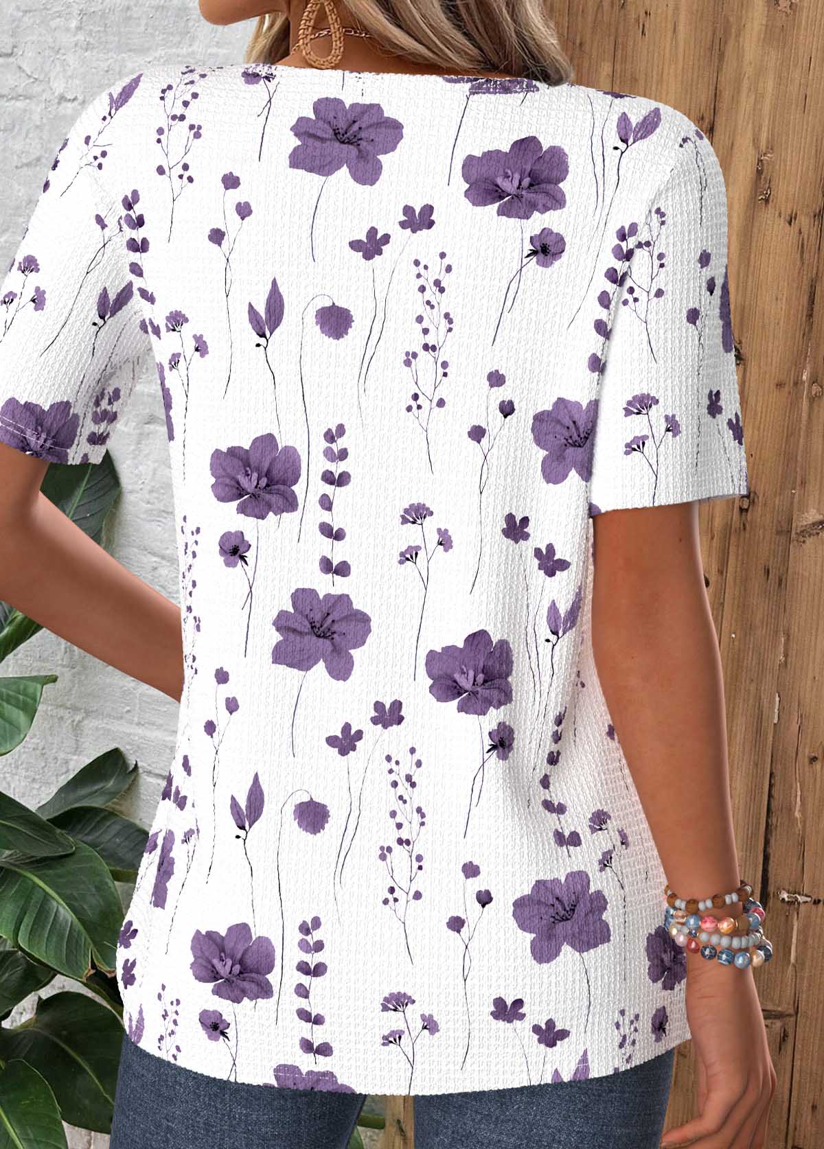 Floral Print Tuck Stitch White Short Sleeve T Shirt