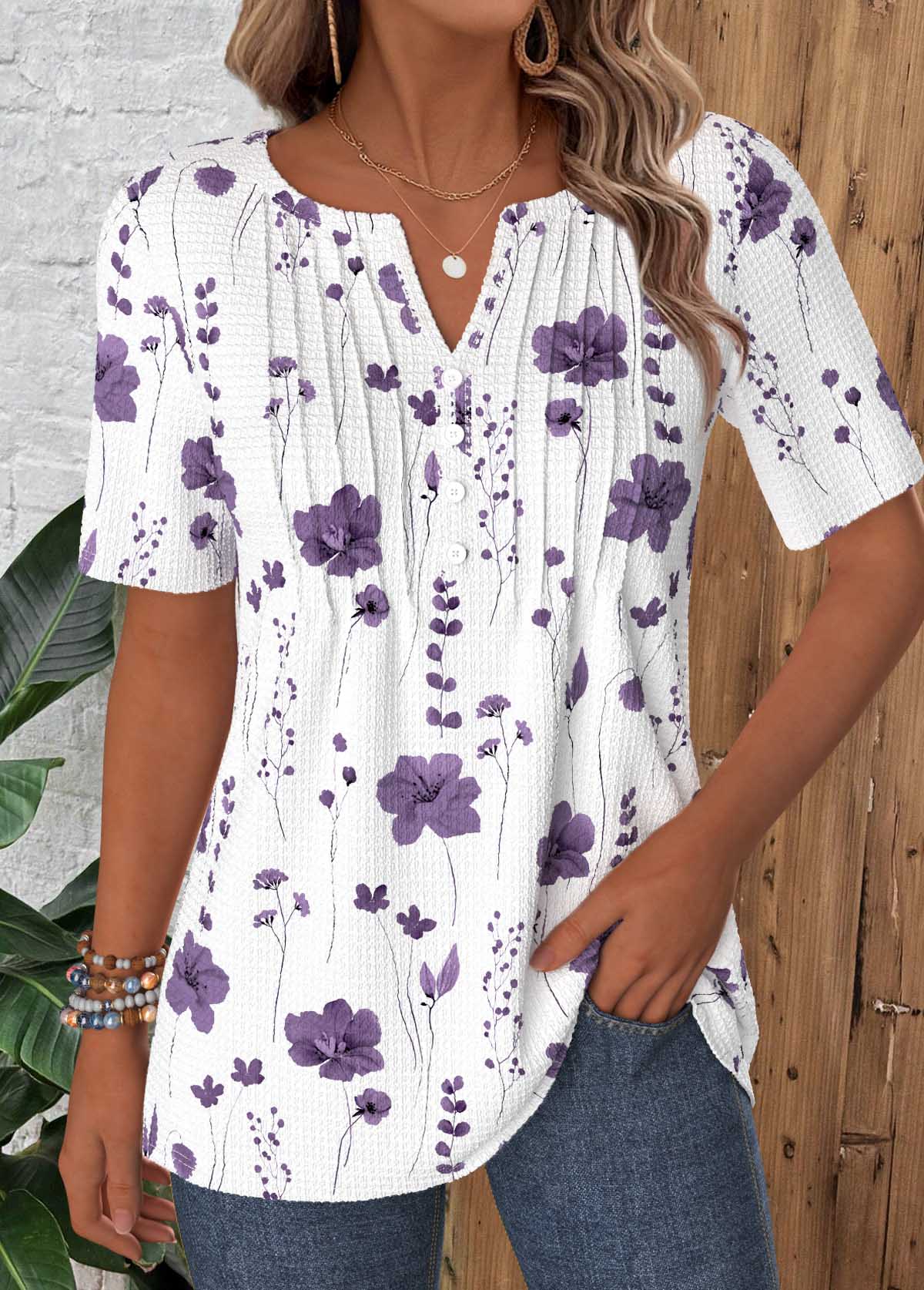 Floral Print Tuck Stitch White Short Sleeve T Shirt