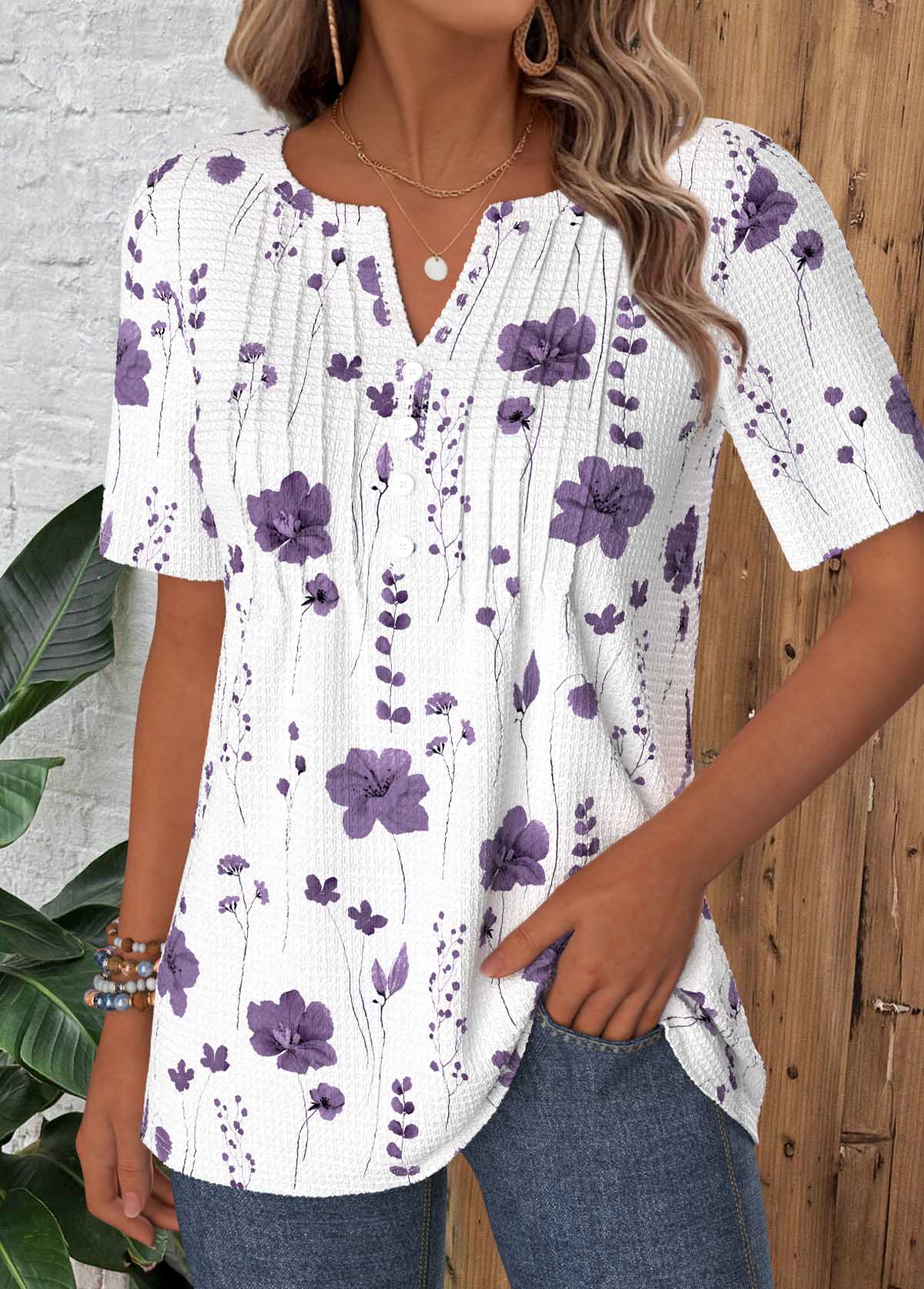 Floral Print Tuck Stitch White Short Sleeve T Shirt