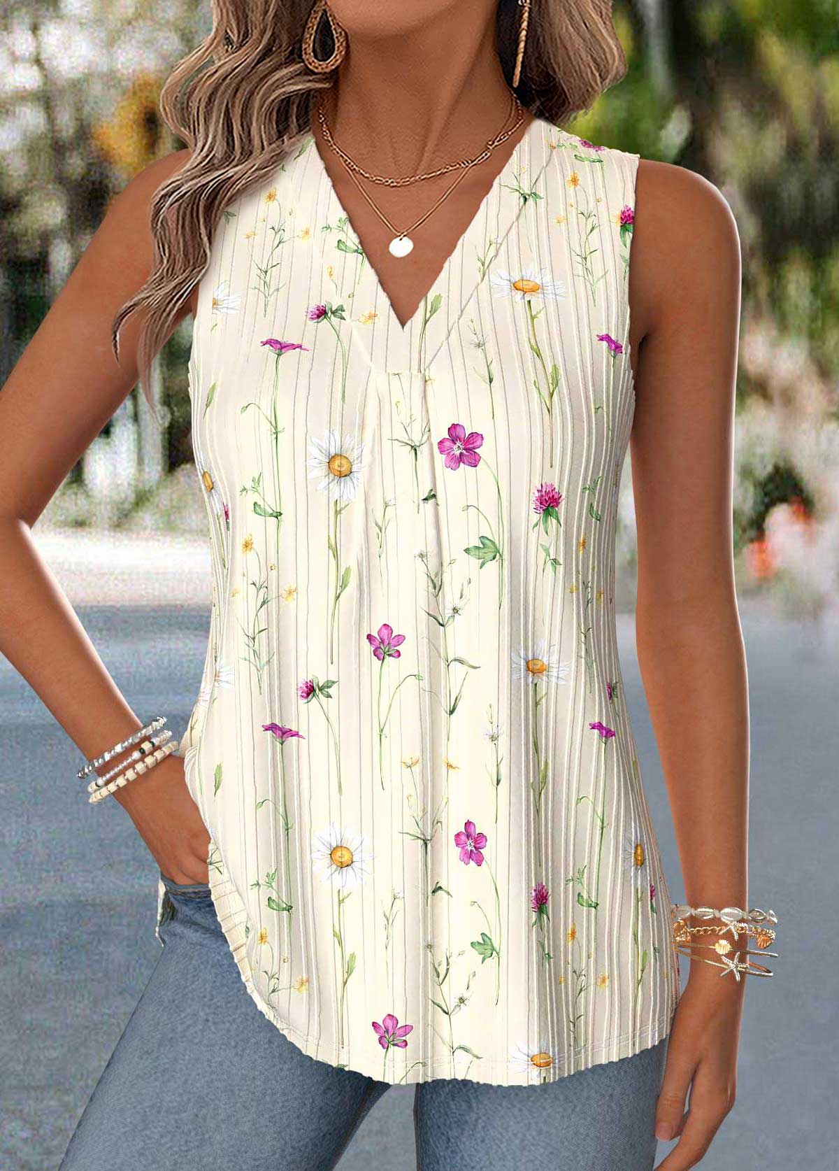 Floral Print Curved Hem Beige Sleeveless Tank Top