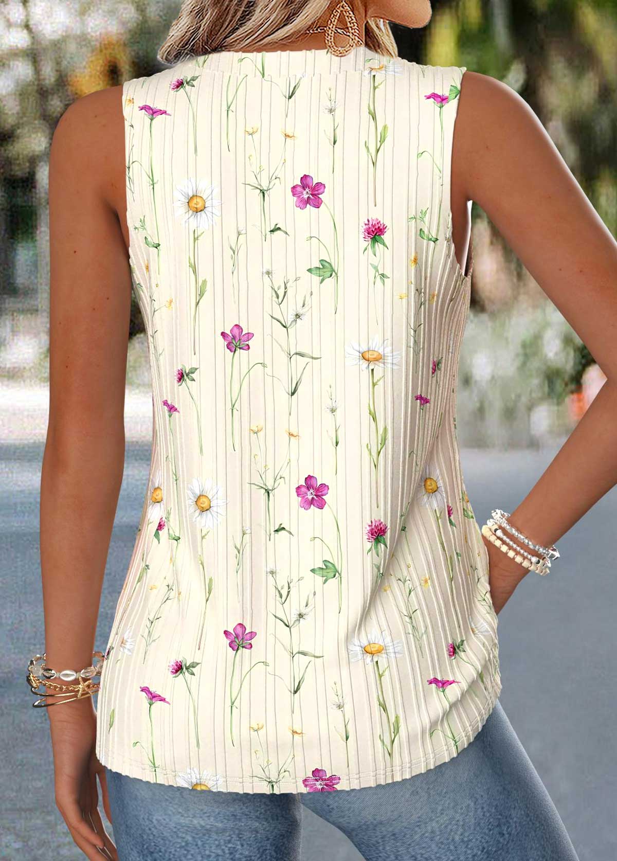 Floral Print Curved Hem Beige Sleeveless Tank Top
