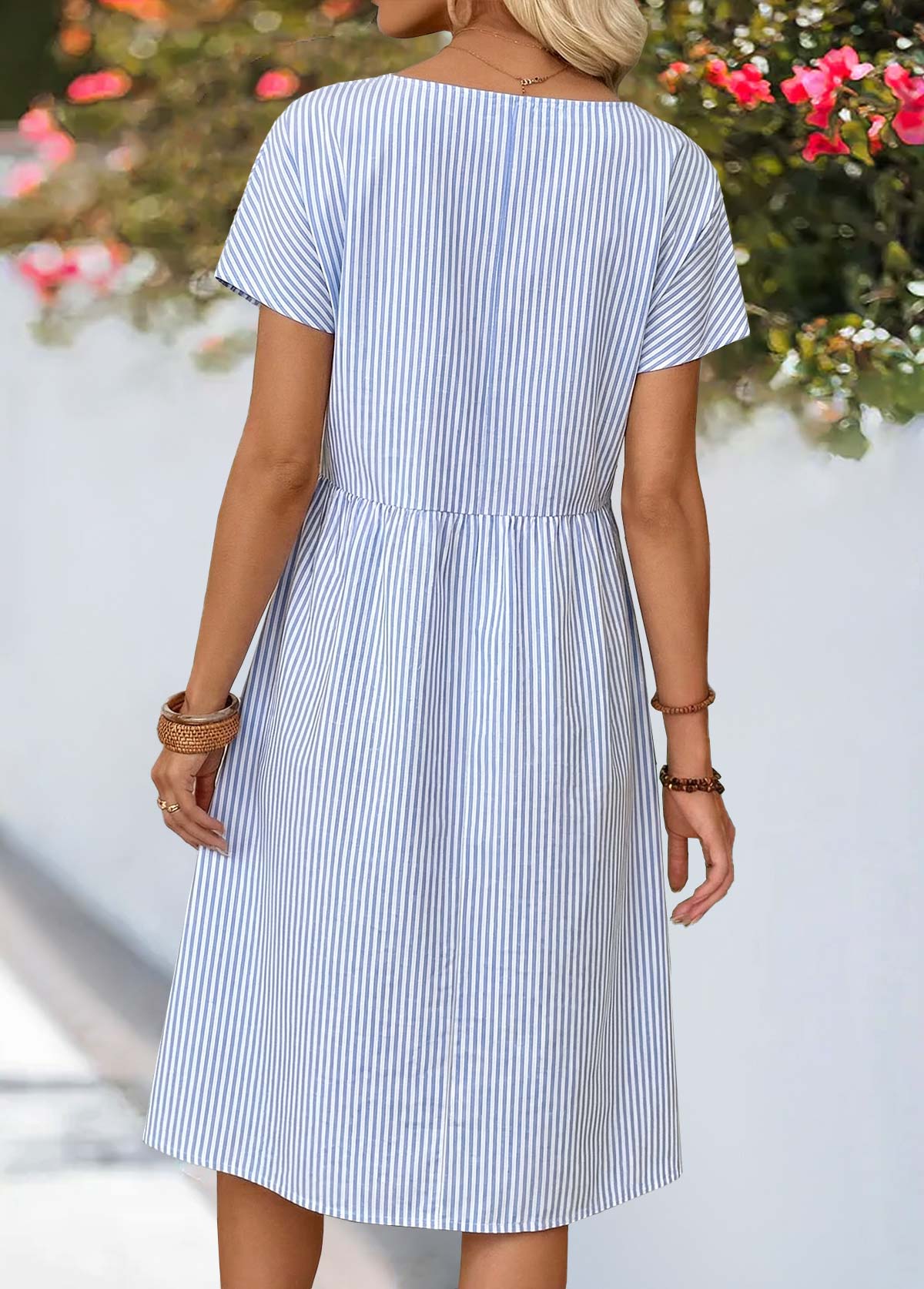 Striped Shirred Dusty Blue Short Sleeve Round Neck Dress