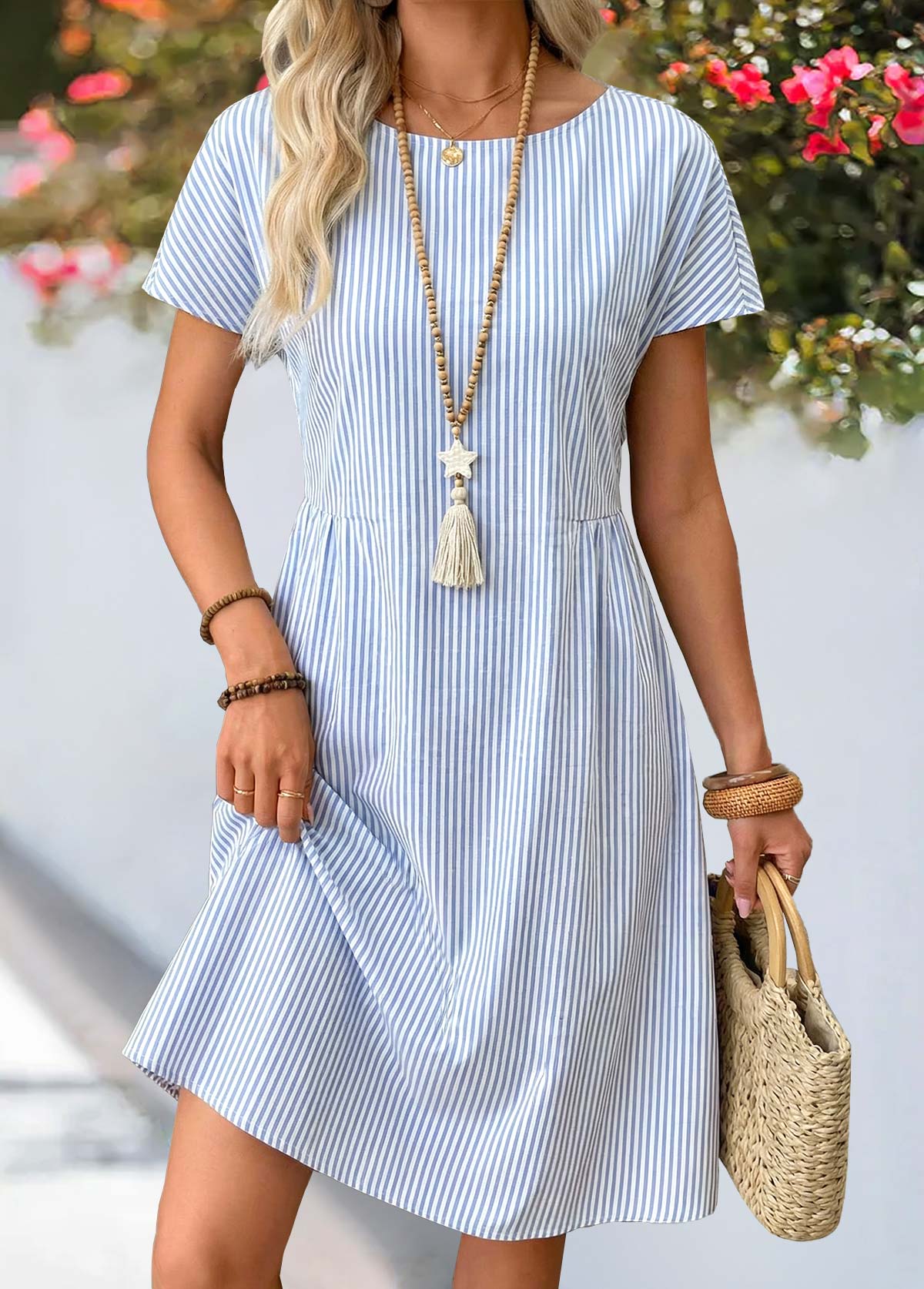 Striped Shirred Dusty Blue Short Sleeve Round Neck Dress