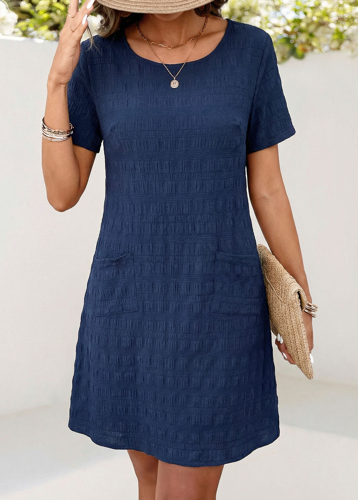 Patch Pocket Navy Short Sleeve Round Neck Dress