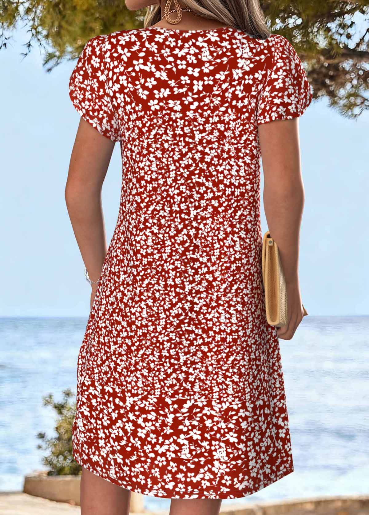 Ditsy Floral Print Tuck Stitch Red Short Dress