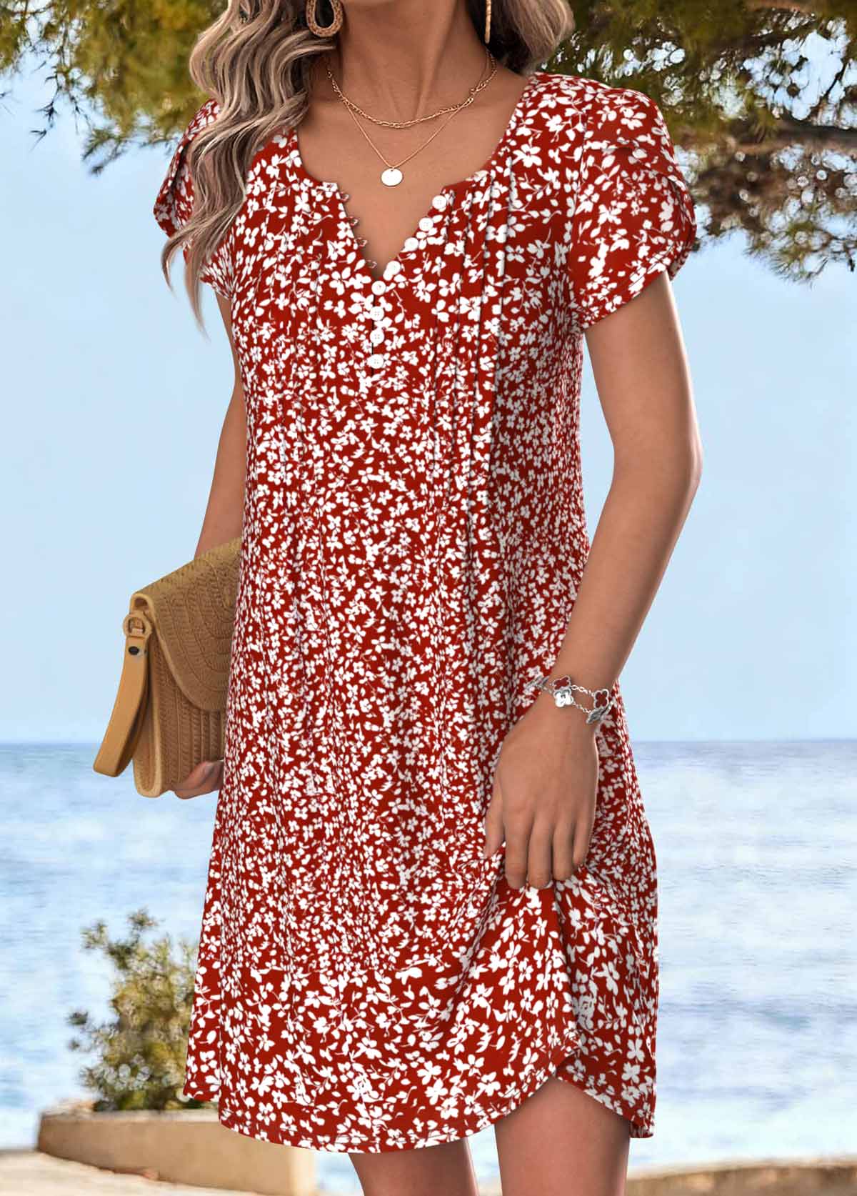Ditsy Floral Print Tuck Stitch Red Short Dress