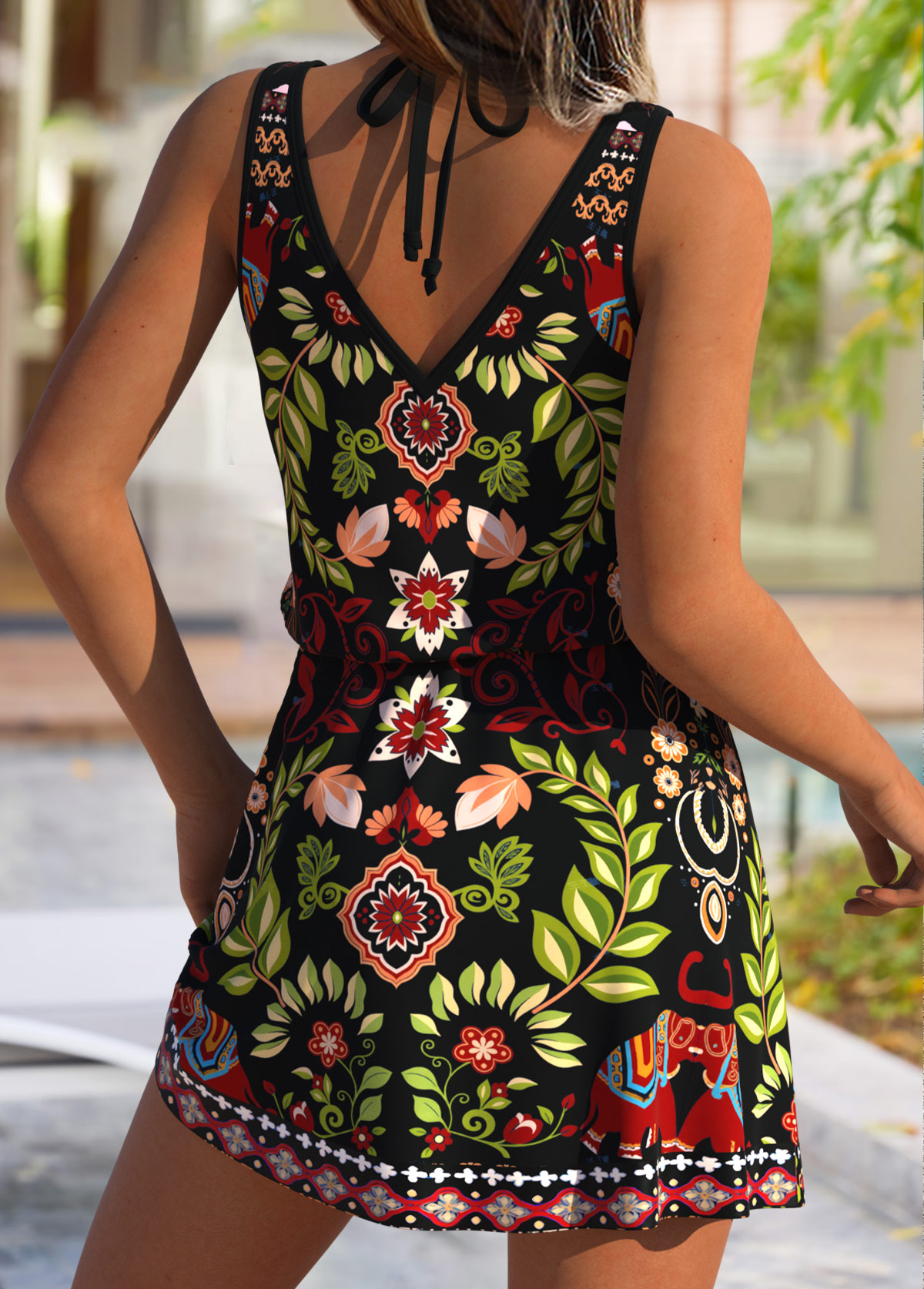 Leaf Print Tummy Coverage Black Cover Up