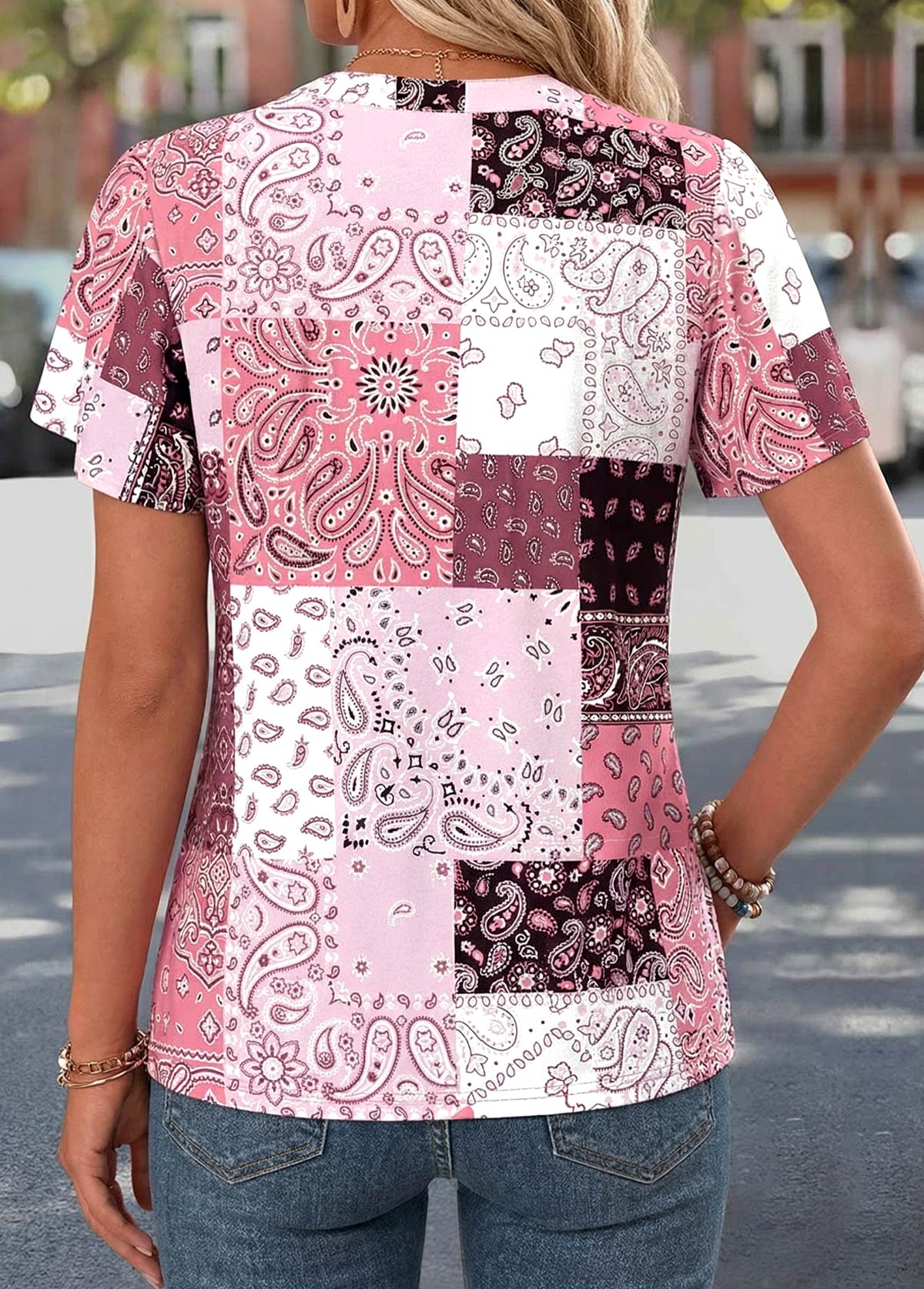 Tribal Print Curved Hem Pink Short Sleeve T Shirt