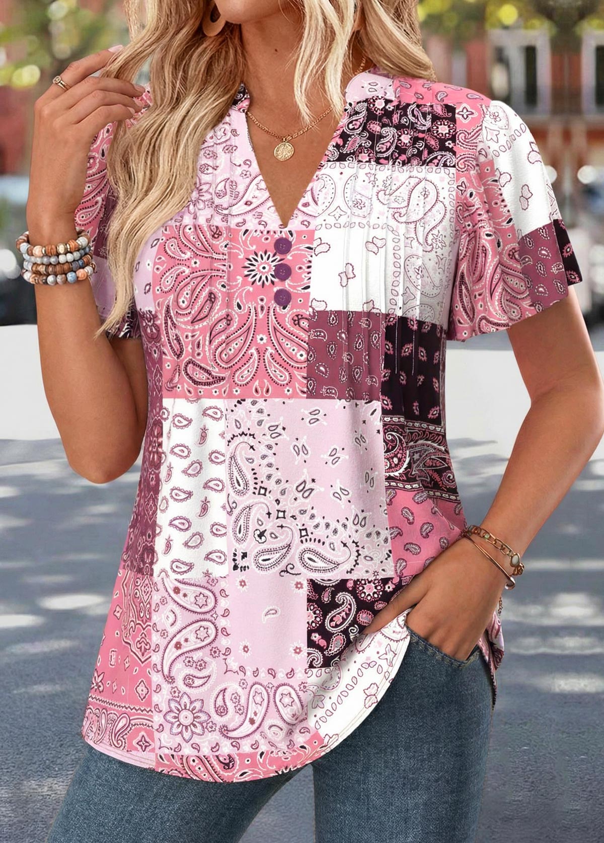 Tribal Print Curved Hem Pink Short Sleeve T Shirt