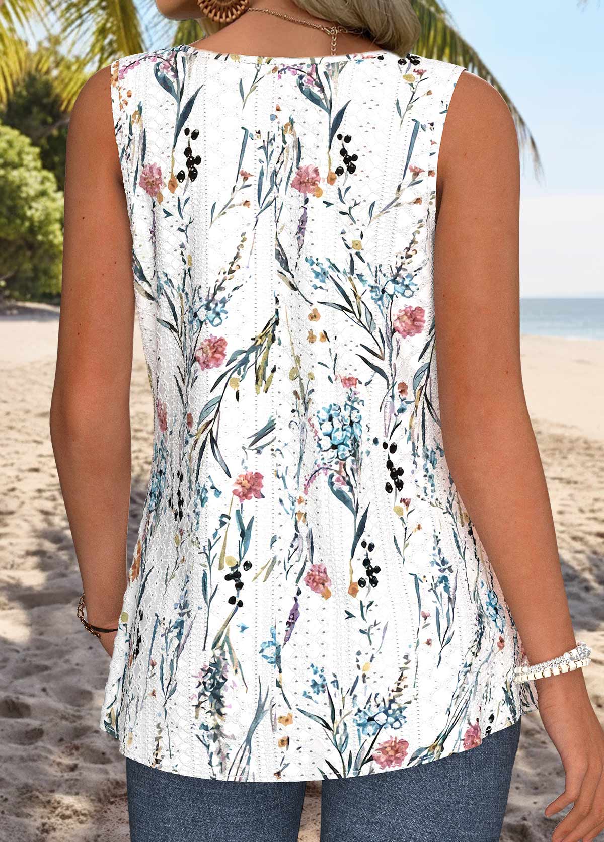 Floral Print Curved Hem White Sleeveless Tank Top