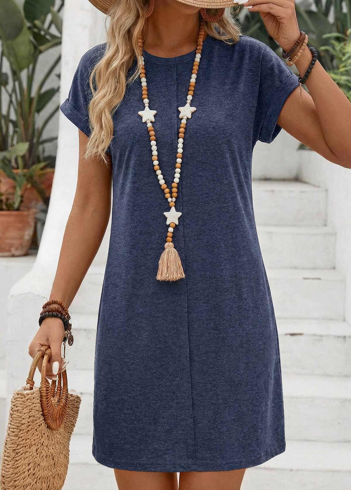 Tuck Stitch Navy Short Round Neck Dress