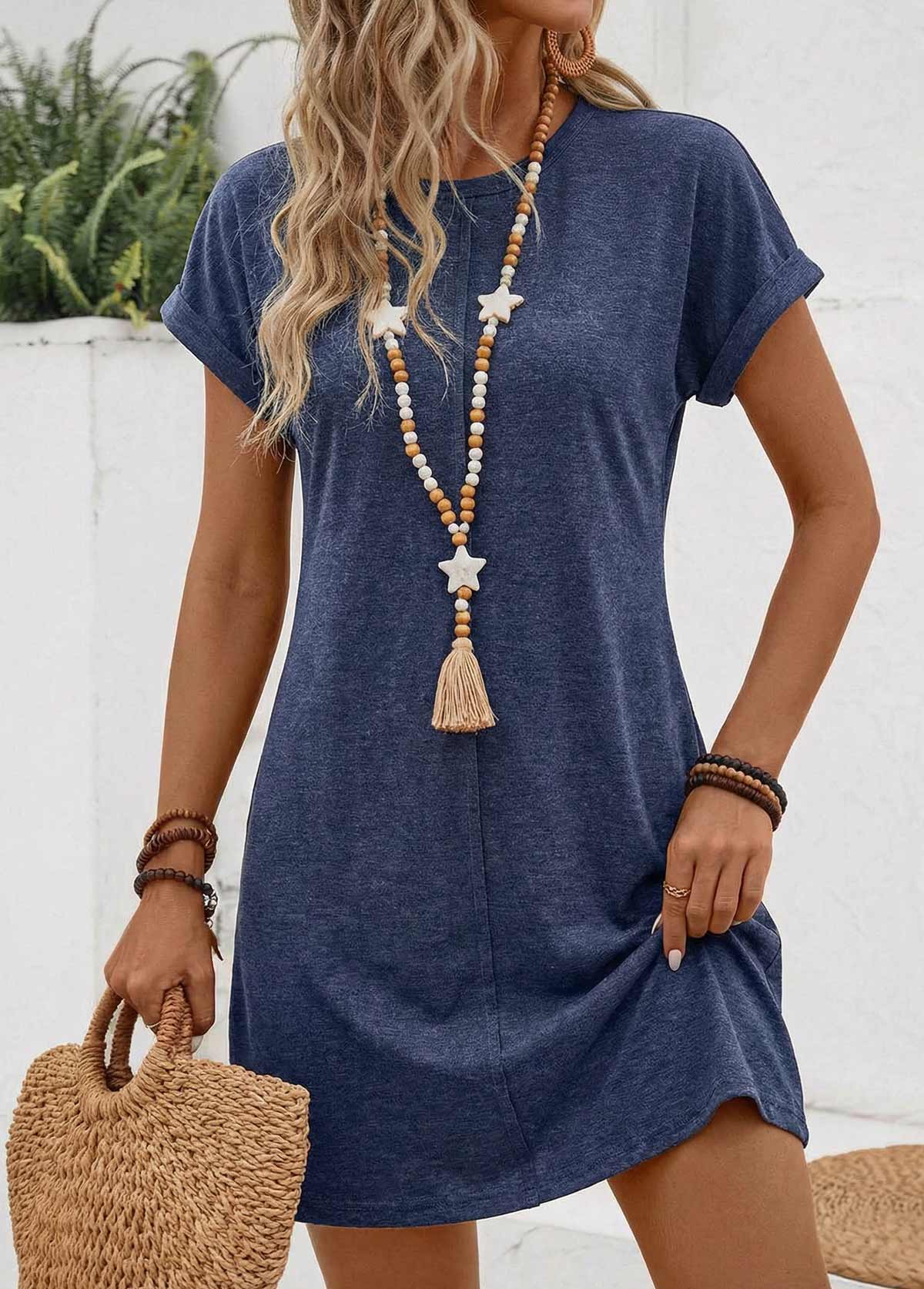 Tuck Stitch Navy Short Round Neck Dress