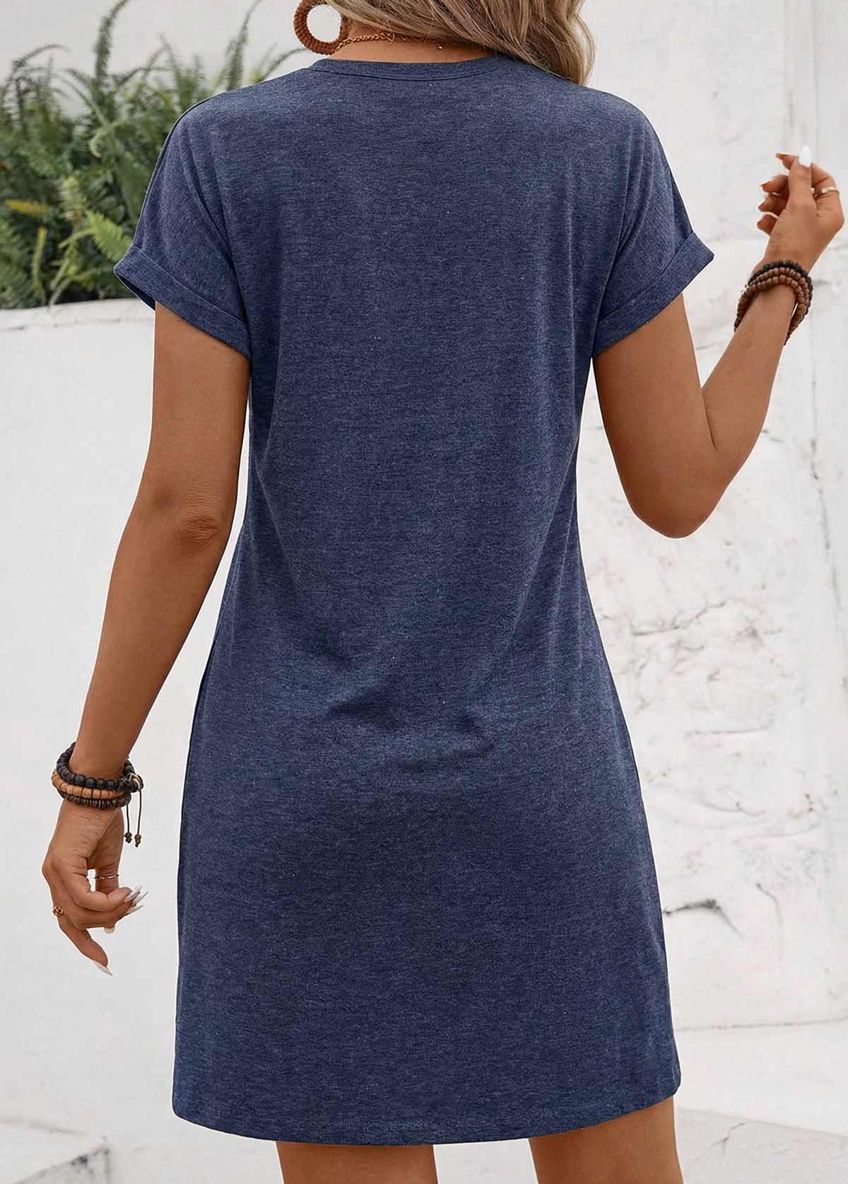Tuck Stitch Navy Short Round Neck Dress