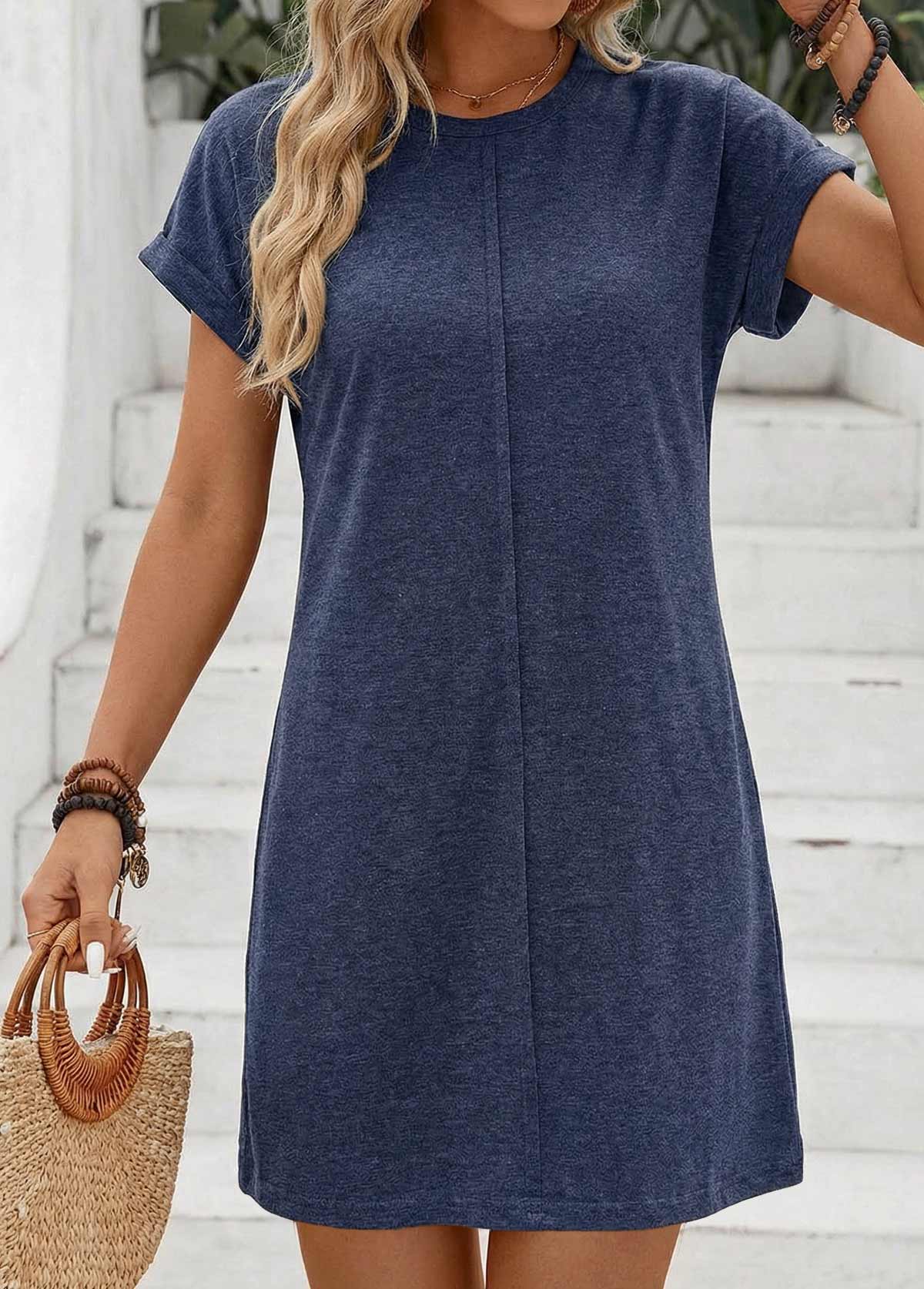 Tuck Stitch Navy Short Round Neck Dress