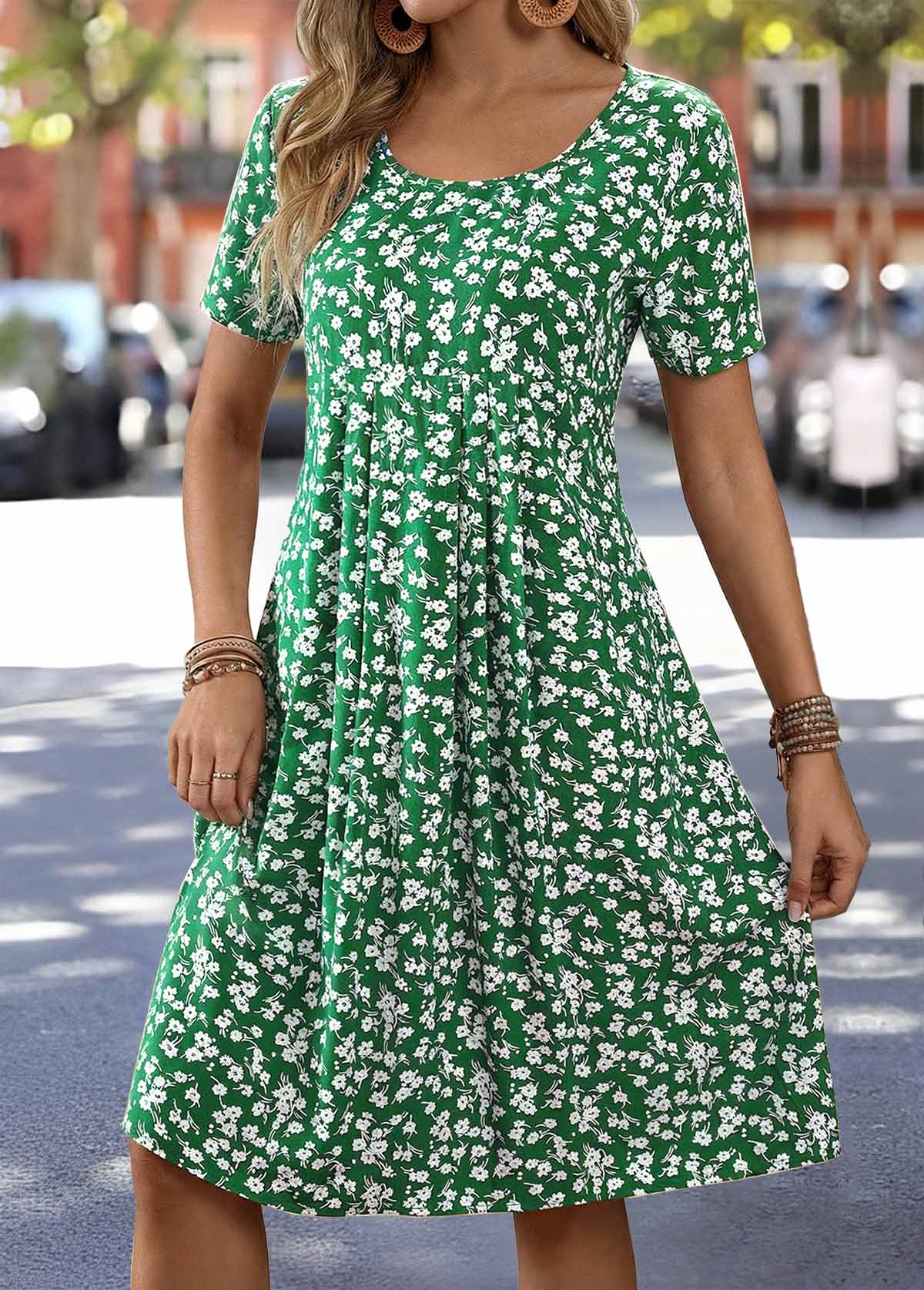 Floral Print Tummy Coverage Green Short Sleeve Dress