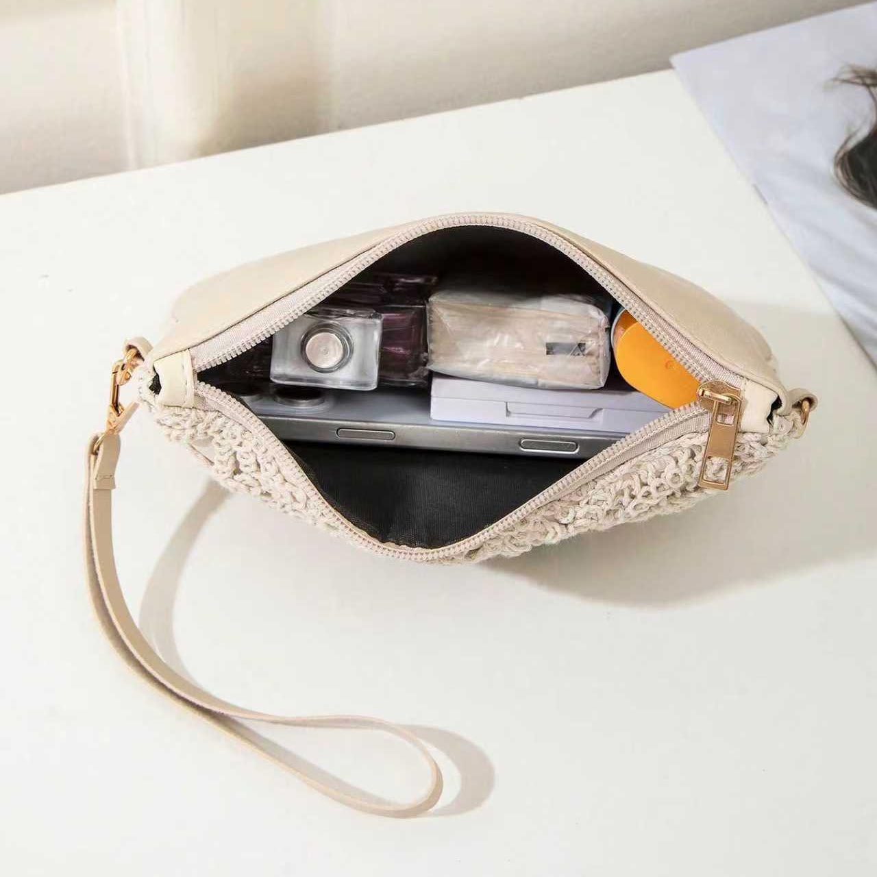 Beige Color Zip Detail Crossbody Bag