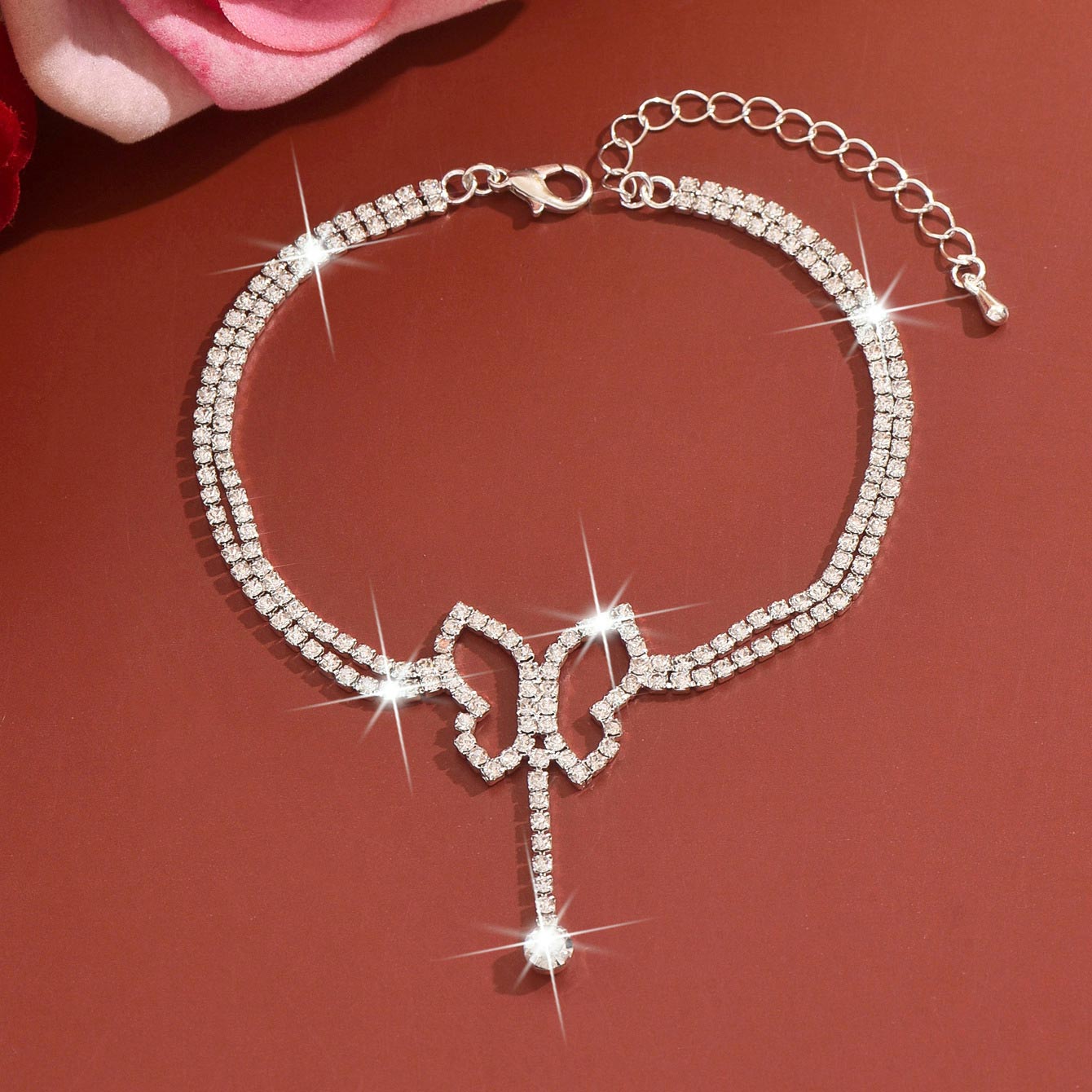 Silver Butterfly Copper Rhinestone Detail Anklet