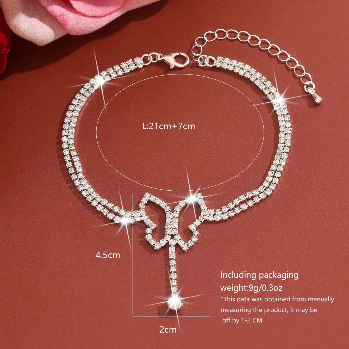 Silver Butterfly Copper Rhinestone Detail Anklet