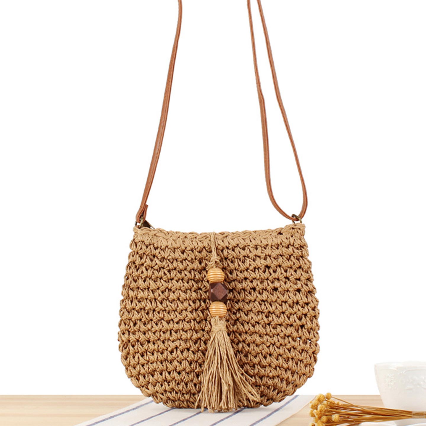Dark Camel Tassel Zip Crossbody Bag