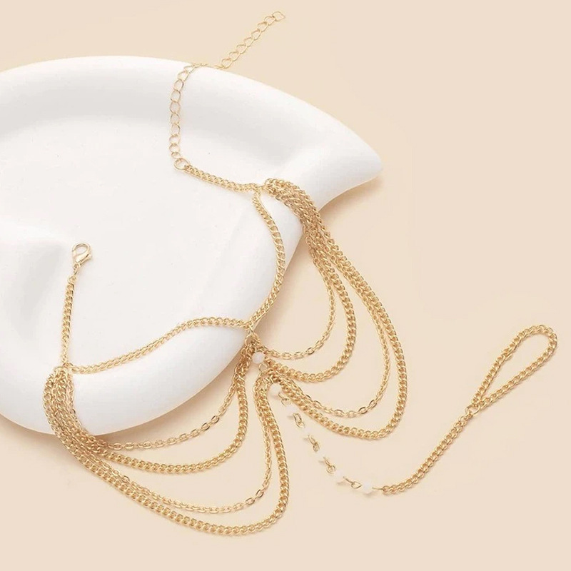 Golden Color Pearl Alloy Multi-layered Anklet