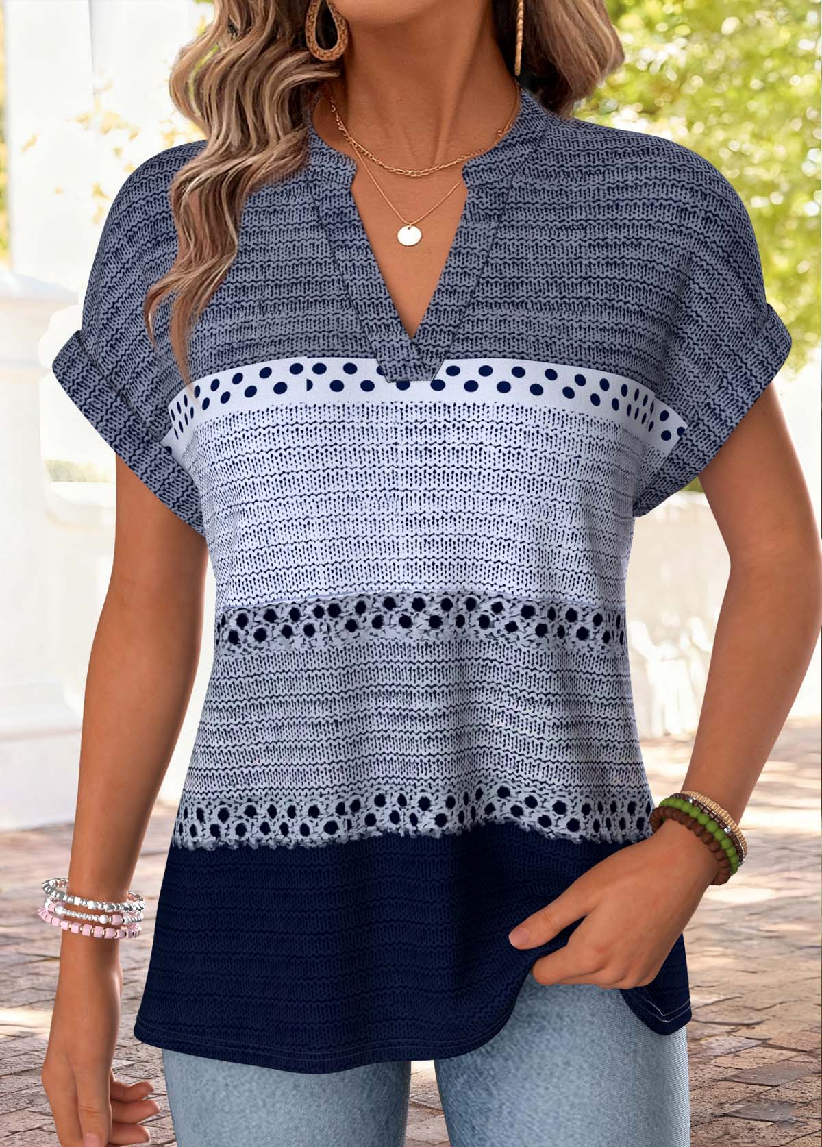 Plus Size Blue Striped Short Sleeve T Shirt