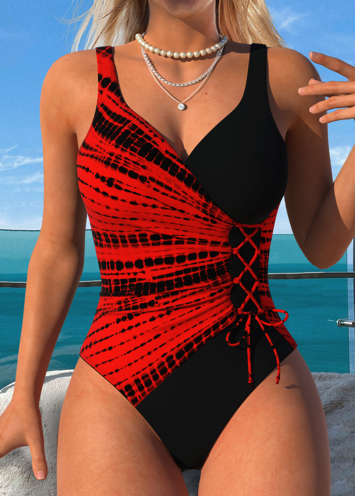 Tie Dye Print Pull On Red One Piece Swimwear
