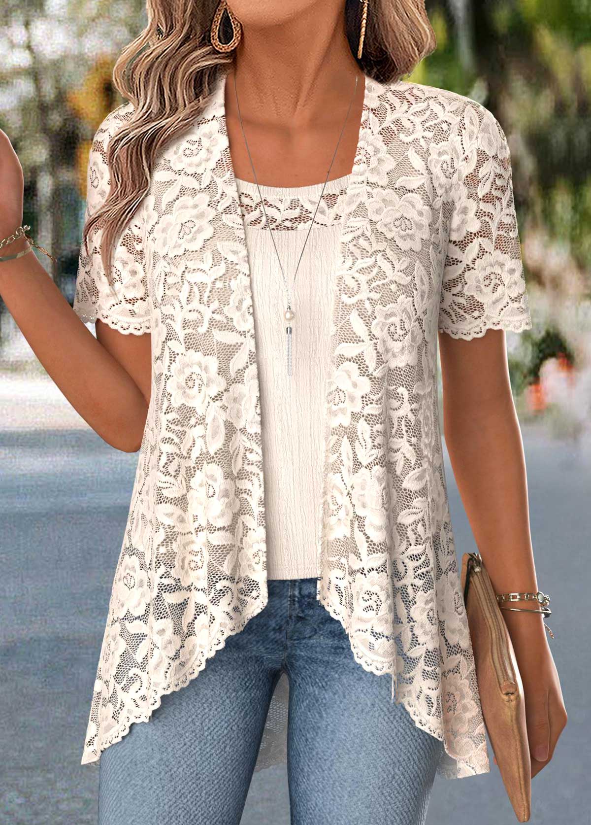 Two-piece Beige Short Sleeve Cardigan and Tank Top