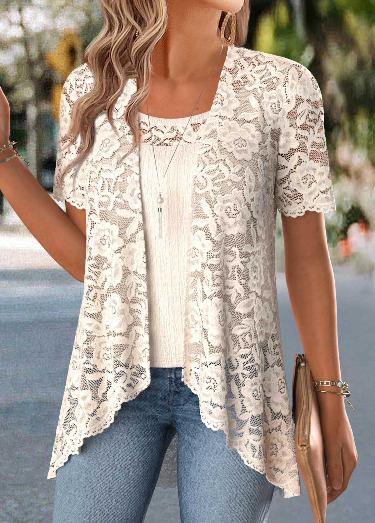 Two-piece Beige Short Sleeve Cardigan and Tank Top