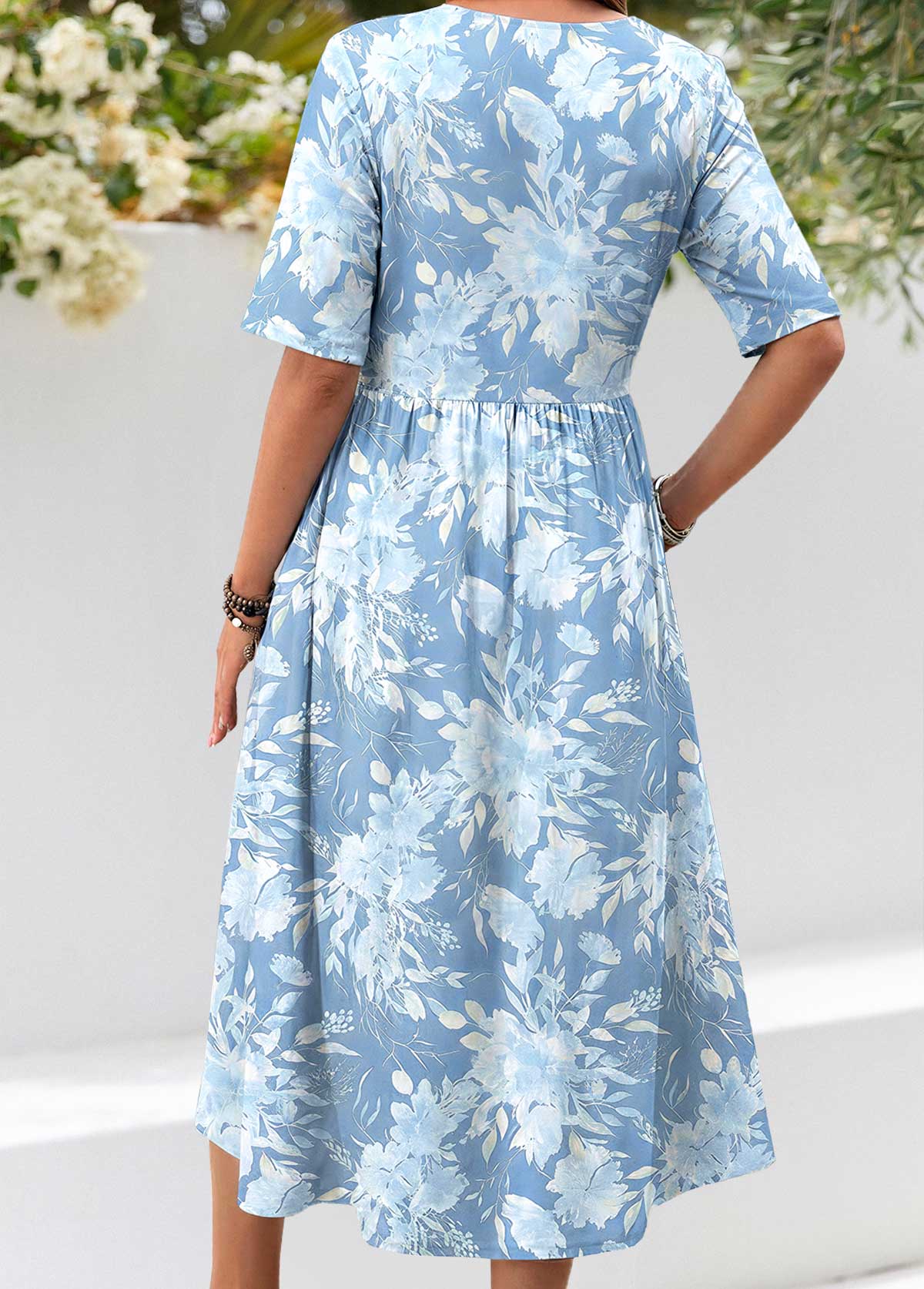Floral Print Shirred Light Blue Short Sleeve Dress