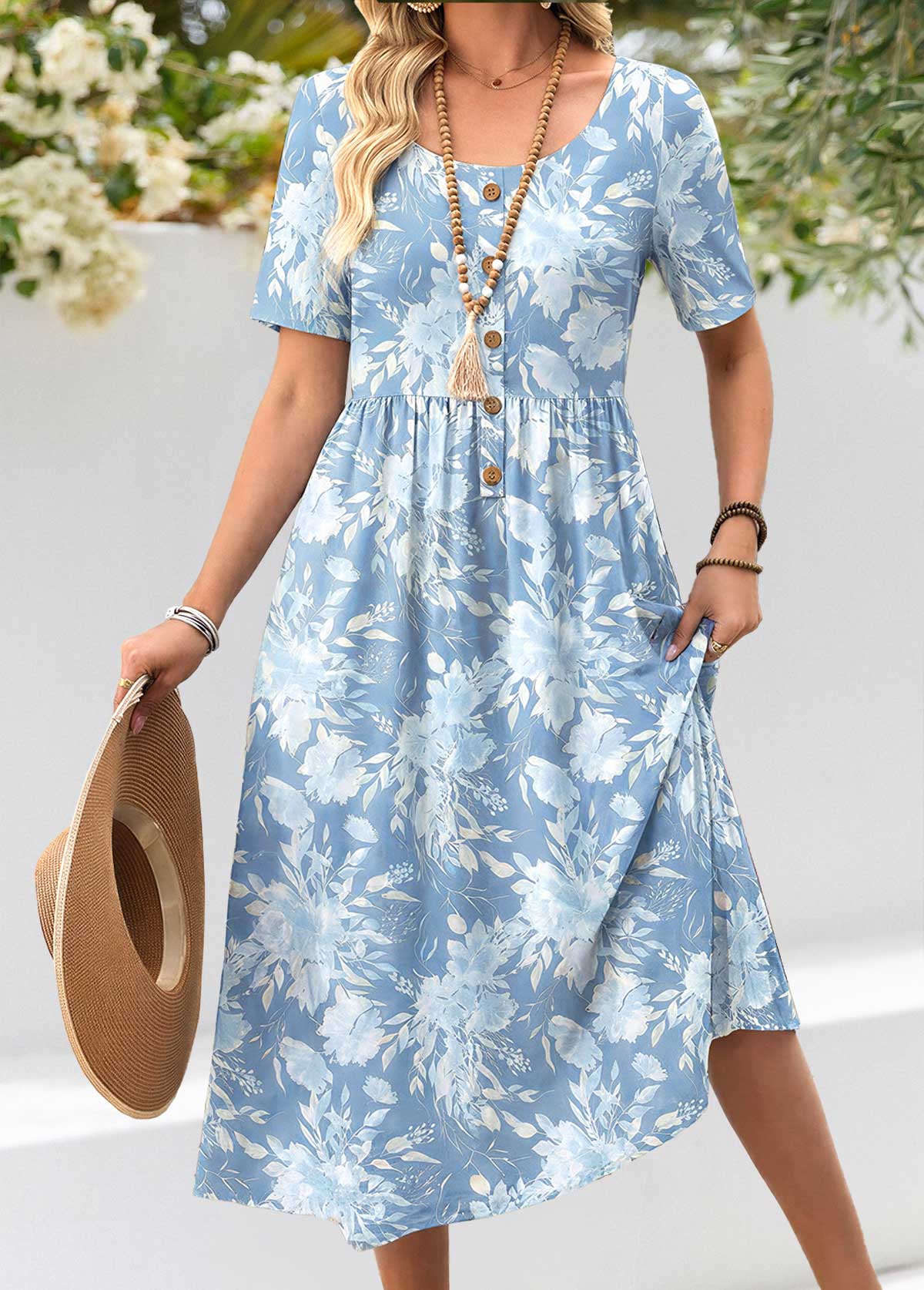 Floral Print Shirred Light Blue Short Sleeve Dress