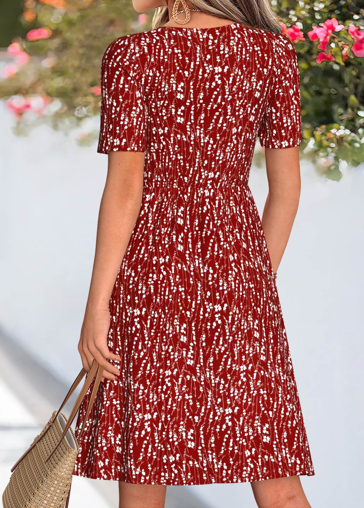 Ditsy Floral Print Tuck Stitch Wine Red Dress