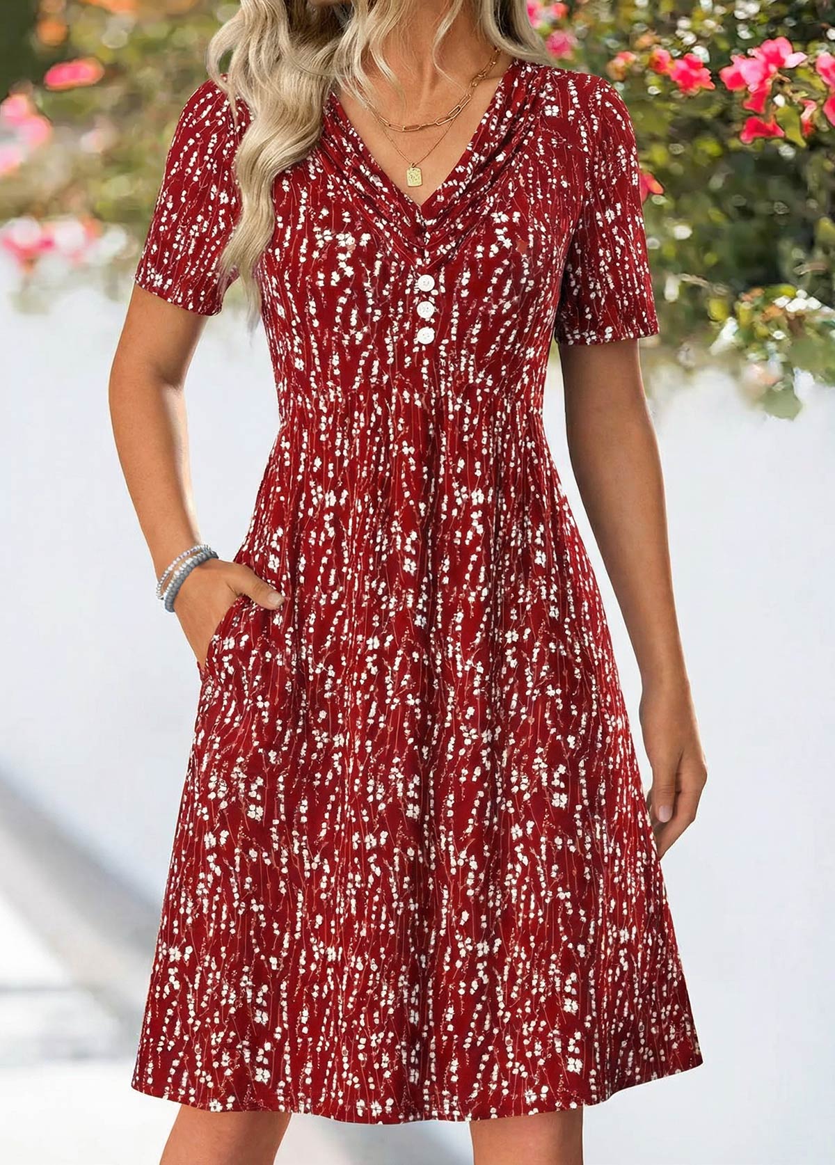 Ditsy Floral Print Tuck Stitch Wine Red Dress