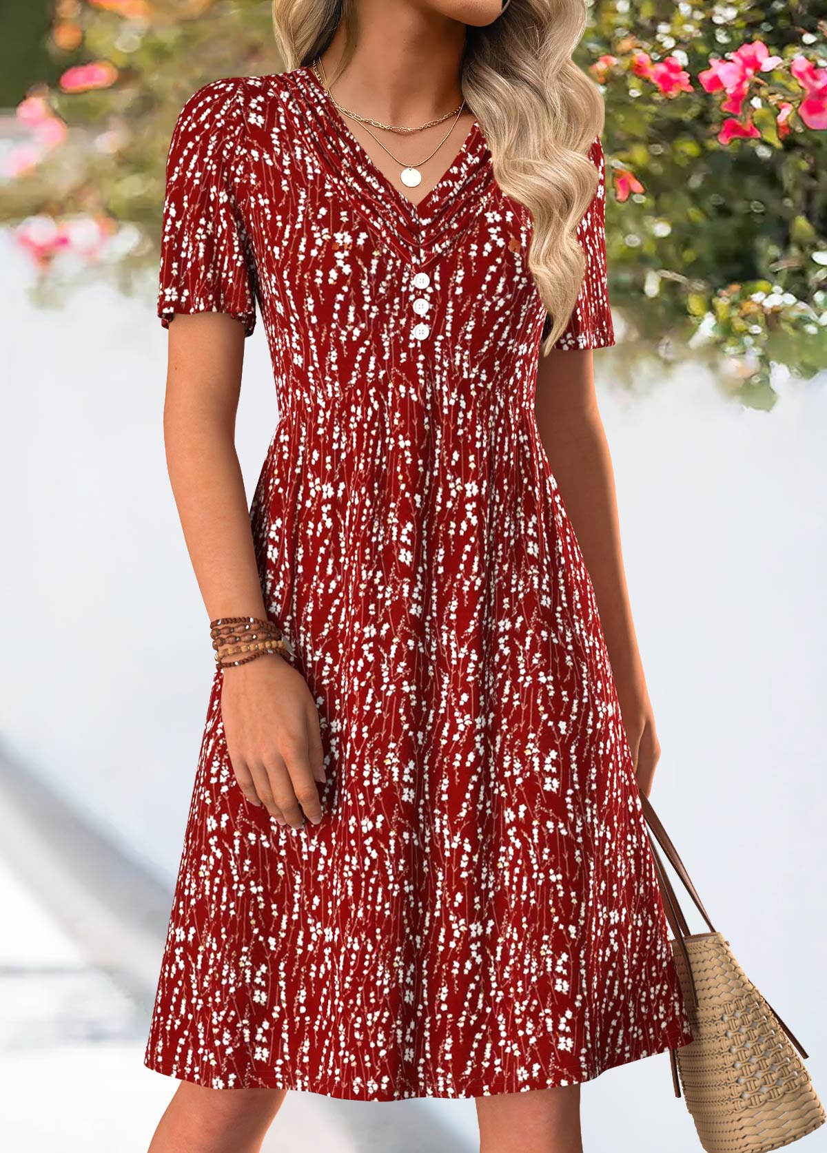 Ditsy Floral Print Tuck Stitch Wine Red Dress