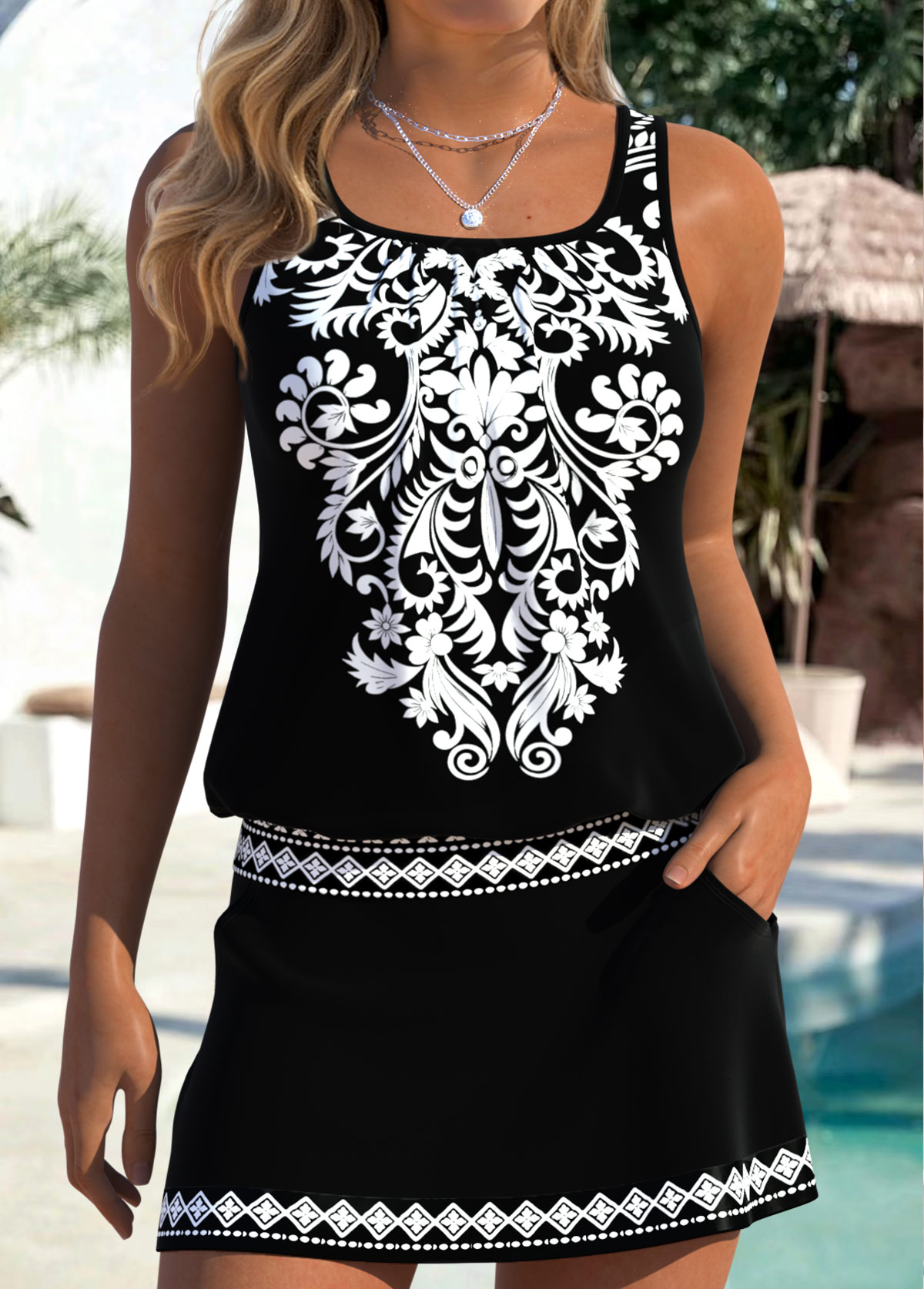Mid Waisted Tribal Print Tummy Coverage Black Tankini Set