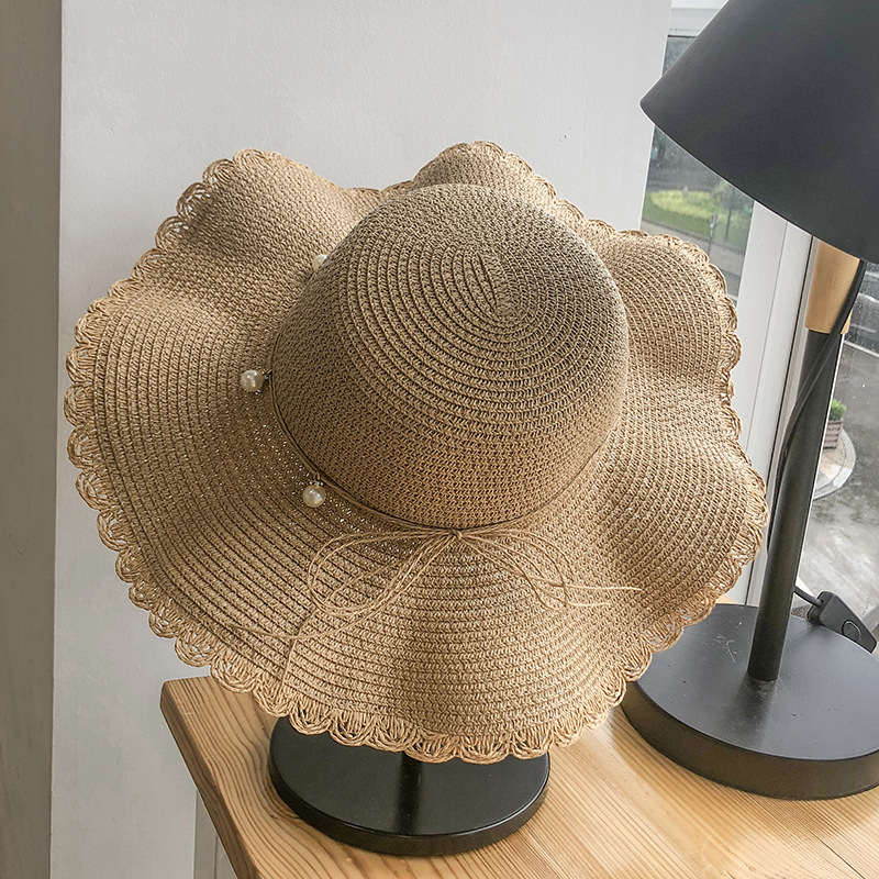 Light Camel Pearl Straw Visor Hat