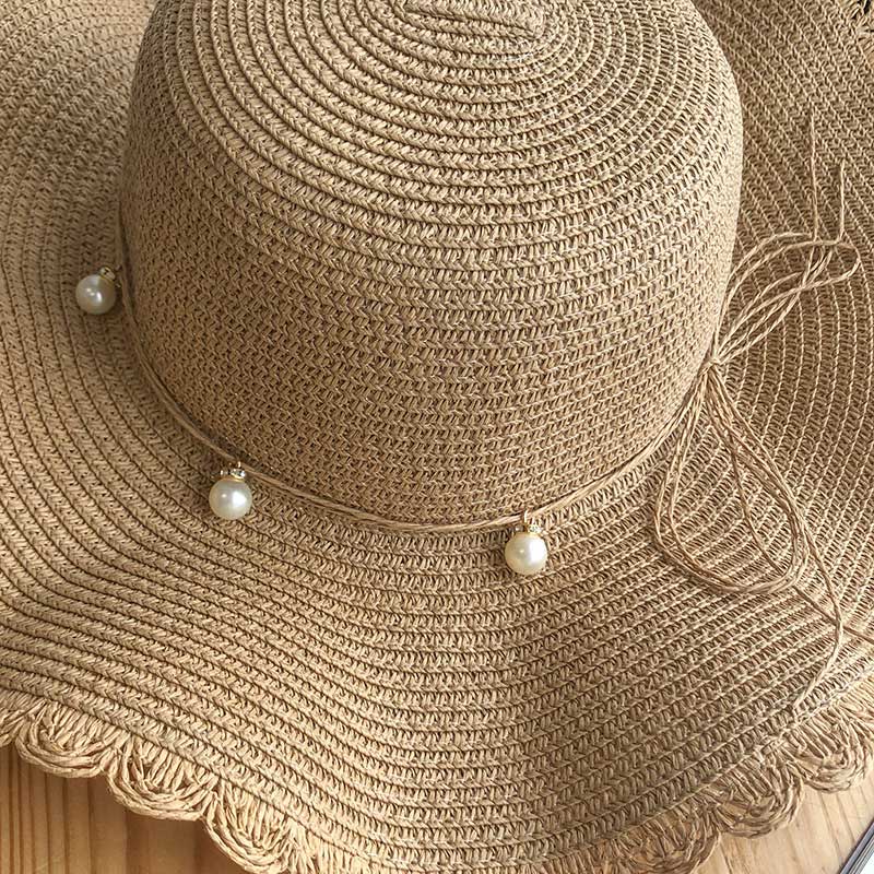 Light Camel Pearl Straw Visor Hat