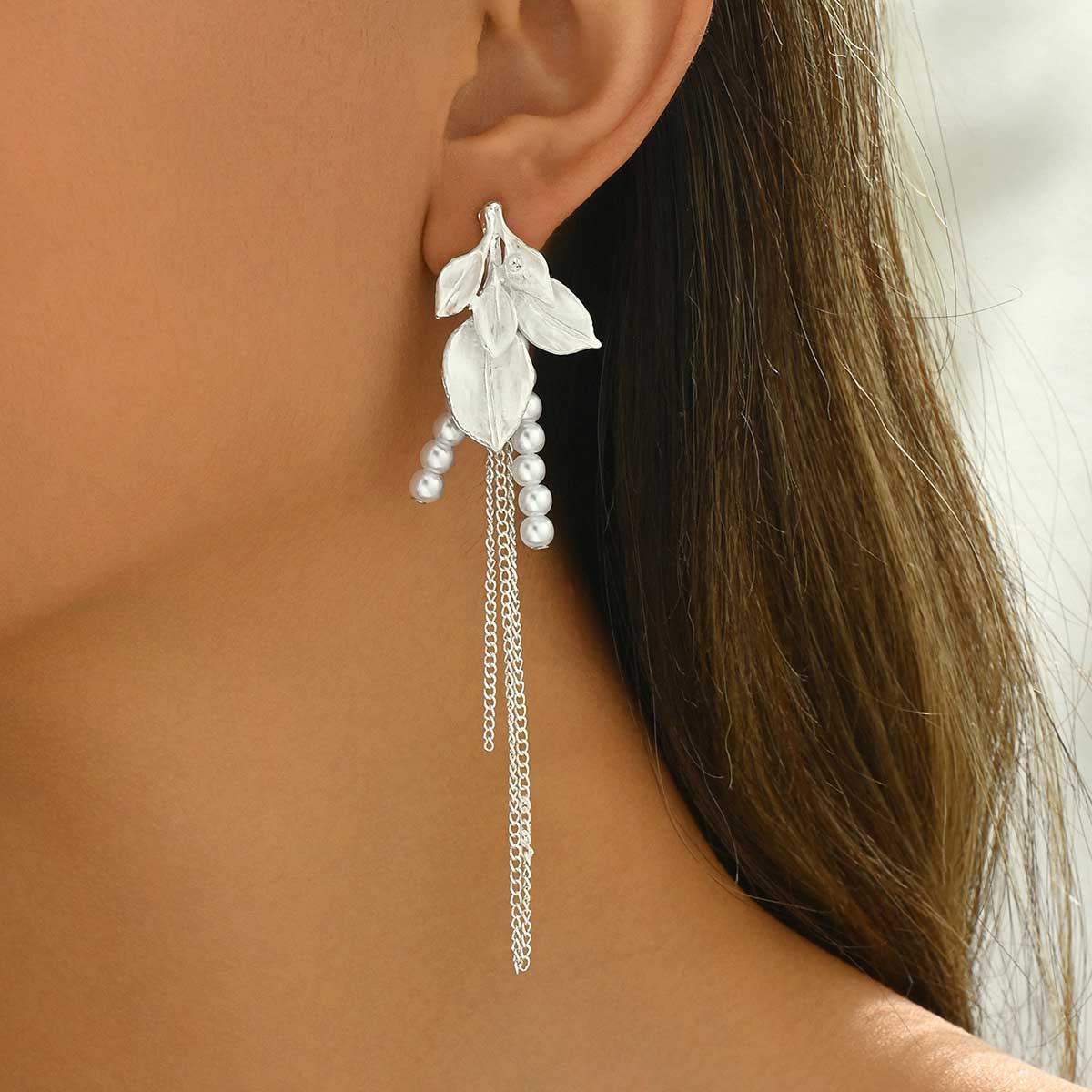White Color Leaf Alloy Detail Earrings